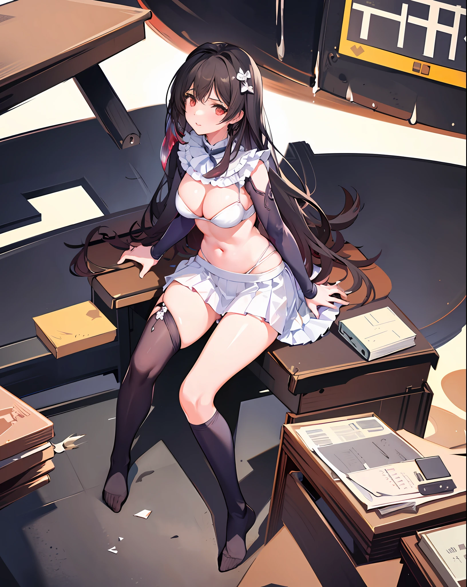 one-girl，sitting on the classroom desk，Calves open，Leakage，No pants（No skirt，vacuum，No close-fitting pants，moisty），legs are open（（Leakage of female genital organs（closeup cleavage）），Seductive pose（missionaris position），Leakage of female genital organs，urinating，Can't help it（Pee out），A large amount of liquid is ejected，Comes with transparency，ropy，liquids，Large amounts come from female genital organs，Sitting on a wet table appears（Cleavage is seductive） ，The perspective looks up from the bottom up