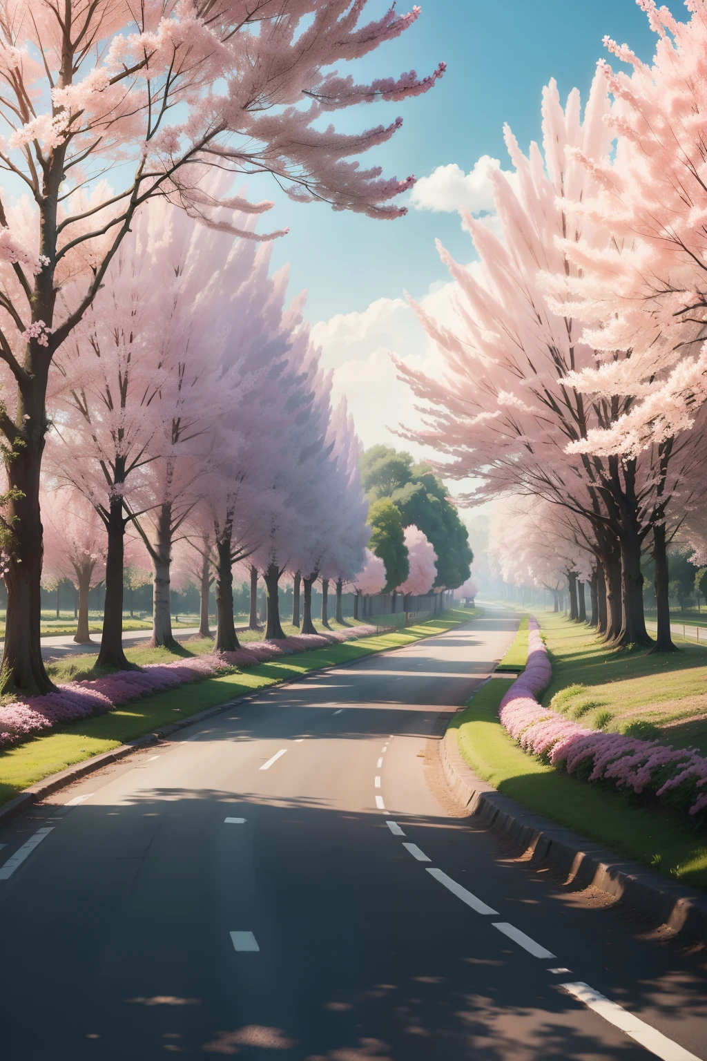Day wind,Country lanes,the trees,blossoms,Skysky,baiyun,hyper HD,Several houses on the road,Relaxing scenery,8k,hdr