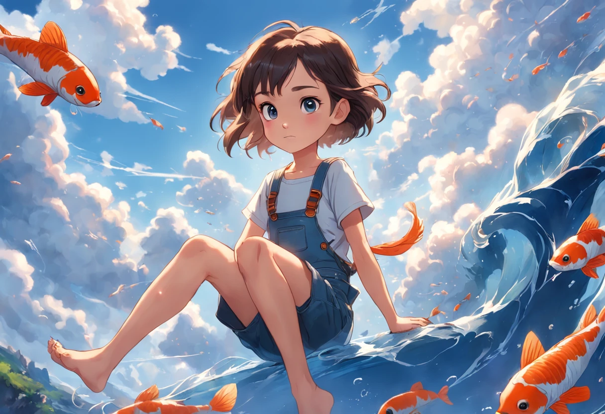 movie picture quality,Disney animation,Disney animated films, girl sitting on giant koi flying in the sky,Thick clouds,Short hair and small braids,Denim suspenders,The barefoot,depth of fields,high light,Real light,Ray traching,oc rendered,Hyper-realistic,best qualtiy,8K,Works of masters,super-fine,Detailed pubic hair,Correct anatomy,sharp focus on eyes,Bokeh,Facial features are carefully depicted