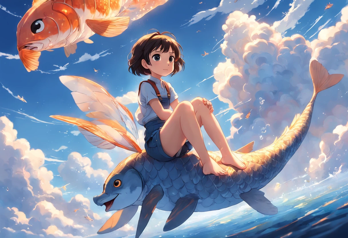 movie picture quality，Disney animation，Disney animated films， girl sitting on giant koi flying in the sky，Thick clouds，Short hair and small braids，Denim suspenders，The barefoot，depth of fields，high light，Real light，Ray traching，oc rendered，Hyper-realistic，best qualtiy，8K，Works of masters，super-fine，Detailed pubic hair，Correct anatomy，sharp focus on eyes，Bokeh，Facial features are carefully depicted