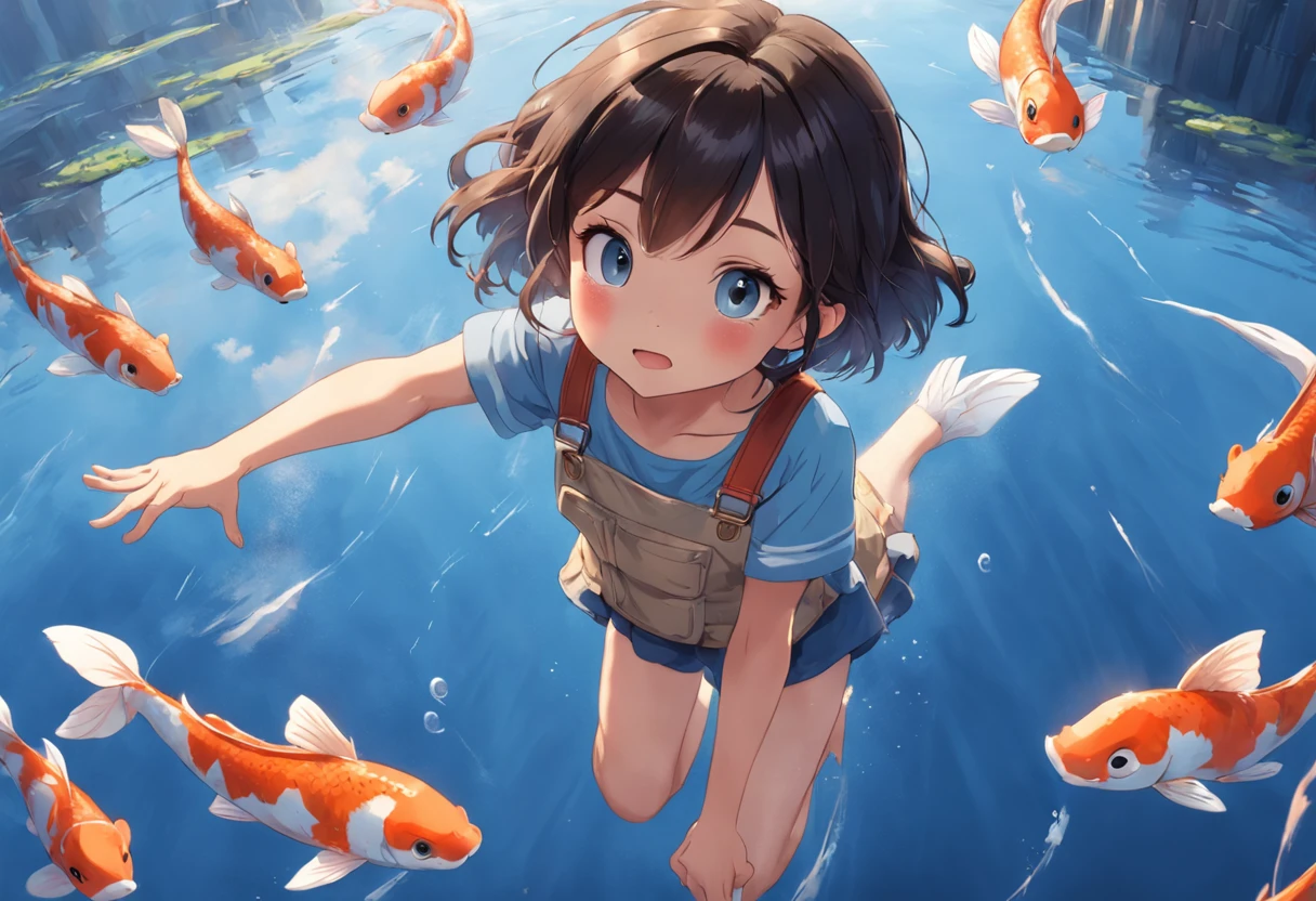 movie picture quality,Disney animation,Disney animated films,Little girl sitting on giant koi flying in the sky,Thick clouds,Short hair and small braids,Denim suspenders,The barefoot,depth of fields,high light,Real light,Ray traching,oc rendered,Hyper-realistic,best qualtiy,8K,Works of masters,super-fine,Detailed pubic hair,Correct anatomy,sharp focus on eyes,Bokeh,Facial features are carefully depicted