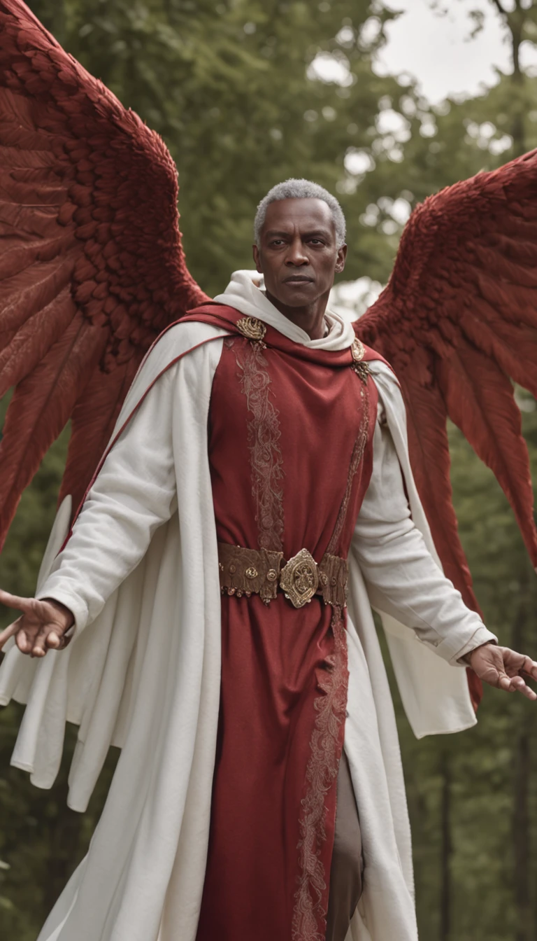 One wears a red cloak,A man with a demonic expression on his face descended from the sky, Behind him, An angel chased him,Wearing a white cape,Flying wings,Stab the devil with a spear in his hand, Photography, Very realistic, In the wild, micro details, Ultra photo realsisim, ultra - detailed, insanely details, SIGMA 85 mm F/1.4. Cinematic lighting, Dramatic lighting, Cinematic, Realistic, High contrast, Highly detailed, illusory engine, hyper HD, 32k realistic ,hdr , High-octane rendering –v 5