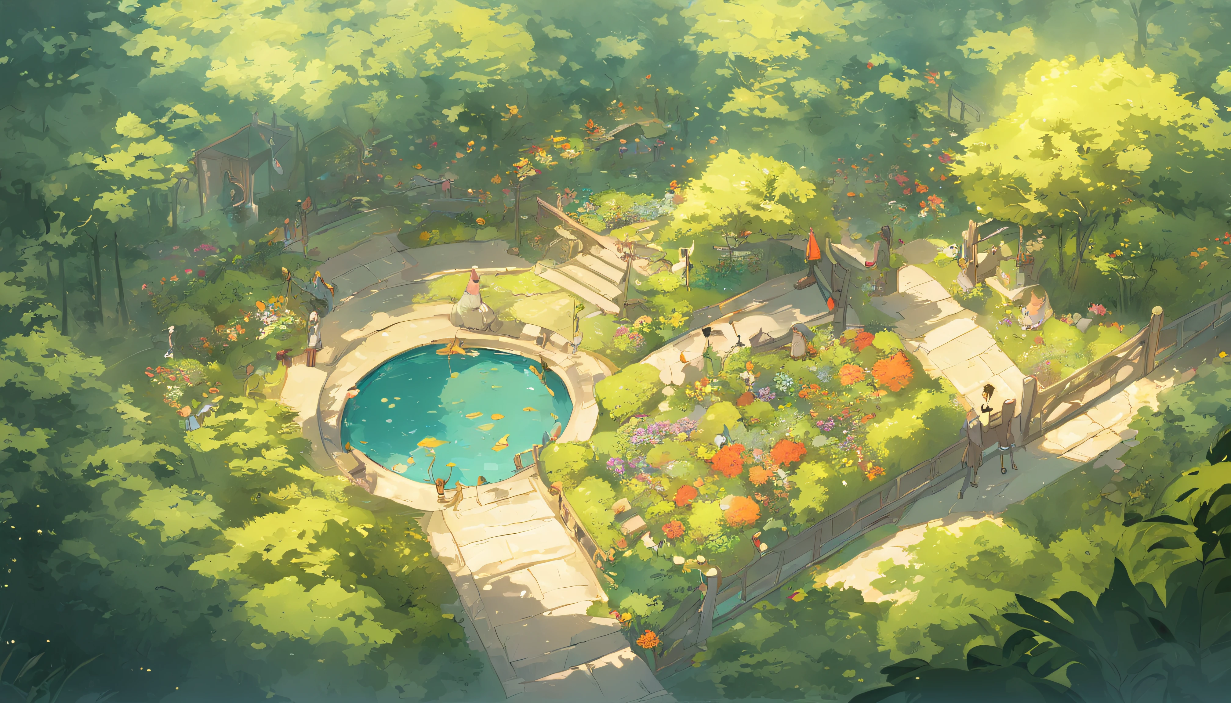 Low bird's-eye view,Large botanical garden,There are colorful plants,There are many small gardens,There are several trails,There are a lot of seniors,There are seats for the seats,The background is community housing
