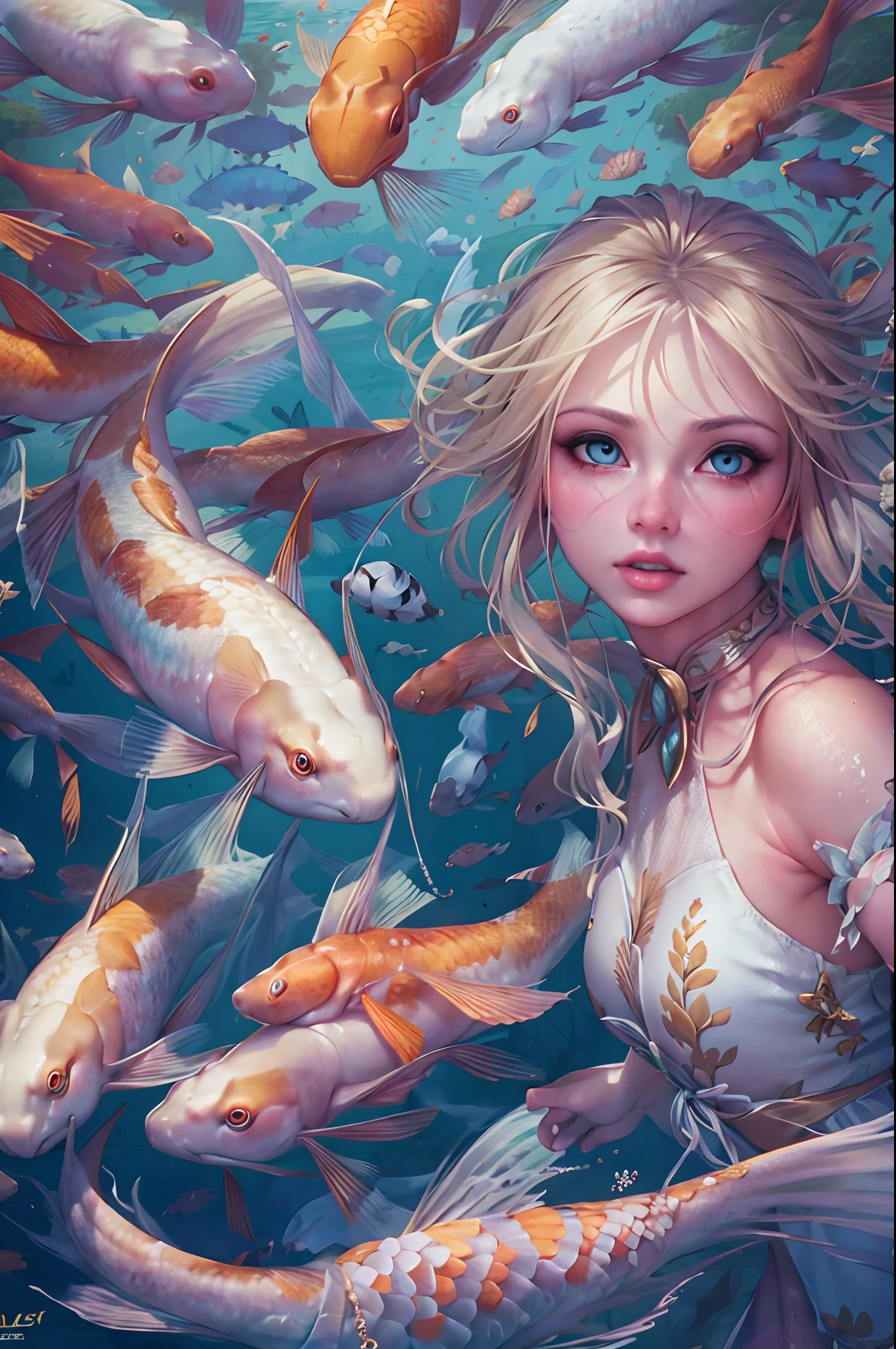 high details, best quality, 16k, RAW, [best detailed], masterpiece, best quality, (extremely detailed), full body, ultra wide shot, photorealistic, fantasy art, RPG art, D&D art, a picture of a mermaid swimming with koi fish under the sea, exqisite beautiful mermaid, ultra feminine (best details, Masterpiece, best quality), ultra detailed face (best details, Masterpiece, best quality), blond hair, pixie cut, blue eyes, white scales, undersea life, a [[flock of koi fish]] swimming (best details, Masterpiece, best quality) undersea background depths-fc, dim sun light from above High Detail, Ultra High Quality, High Resolution, 16K Resolution, Ultra HD Pictures, 3D rendering Ultra Realistic, Clear Details, Realistic Detail, Ultra High Definition