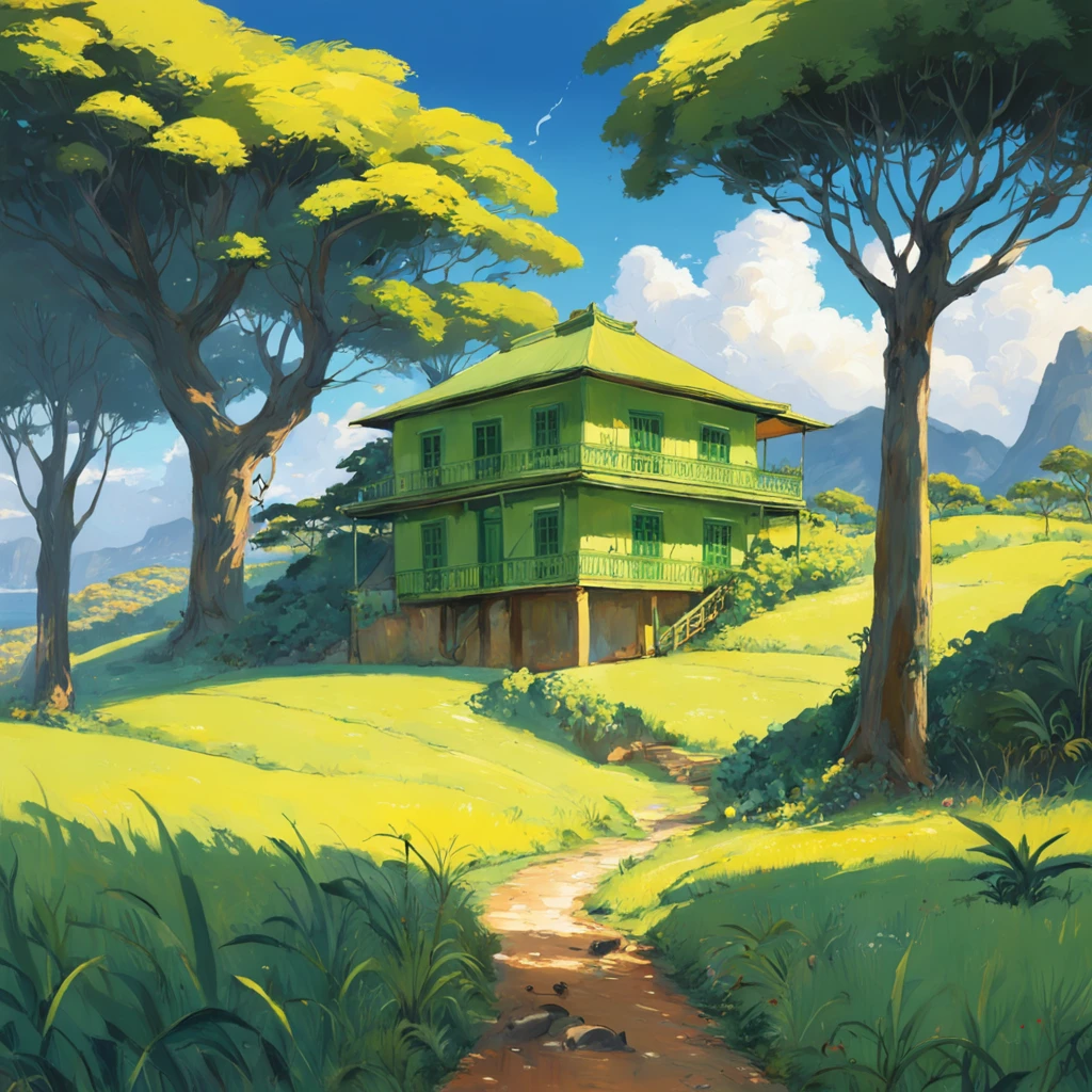 Uma pintura mostra um campo verde-amarelo，Casa de palha, outra de madeira e outra de tijolos pegando fogo，Um rio corre por ele，idyllic setting，branco e verde，seios grandes encantadores，Preciso e meticuloso，The organic flow lines of Art Nouveau，（NOhumans)