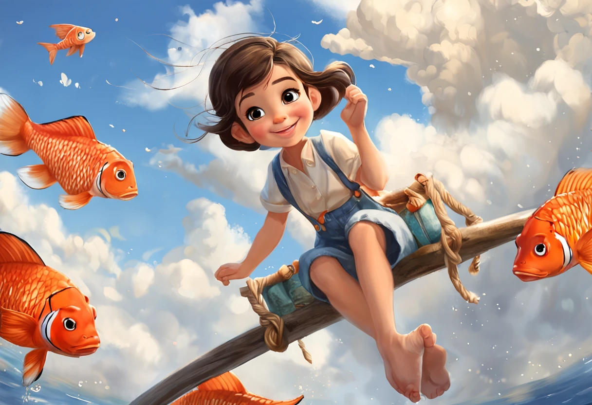 movie picture quality,Disney animation,Disney animated films,Little girl sitting on giant koi flying in the sky,Thick clouds,Short hair and small braids,Denim suspenders,The barefoot,depth of fields,high light,Real light,Ray traching,oc rendered,Hyper-realistic,best qualtiy,8K,Works of masters,super-fine,Detailed pubic hair,Correct anatomy,sharp focus on eyes,Bokeh,Facial features are carefully depicted