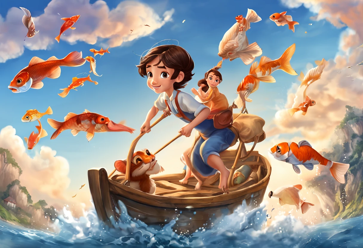 movie picture quality,Disney animation,Disney animated films,Little girl sitting on giant koi flying in the sky,Thick clouds,Short hair and small braids,Denim suspenders,The barefoot,depth of fields,high light,Real light,Ray traching,oc rendered,Hyper-realistic,best qualtiy,8K,Works of masters,super-fine,Detailed pubic hair,Correct anatomy,sharp focus on eyes,Bokeh,Facial features are carefully depicted