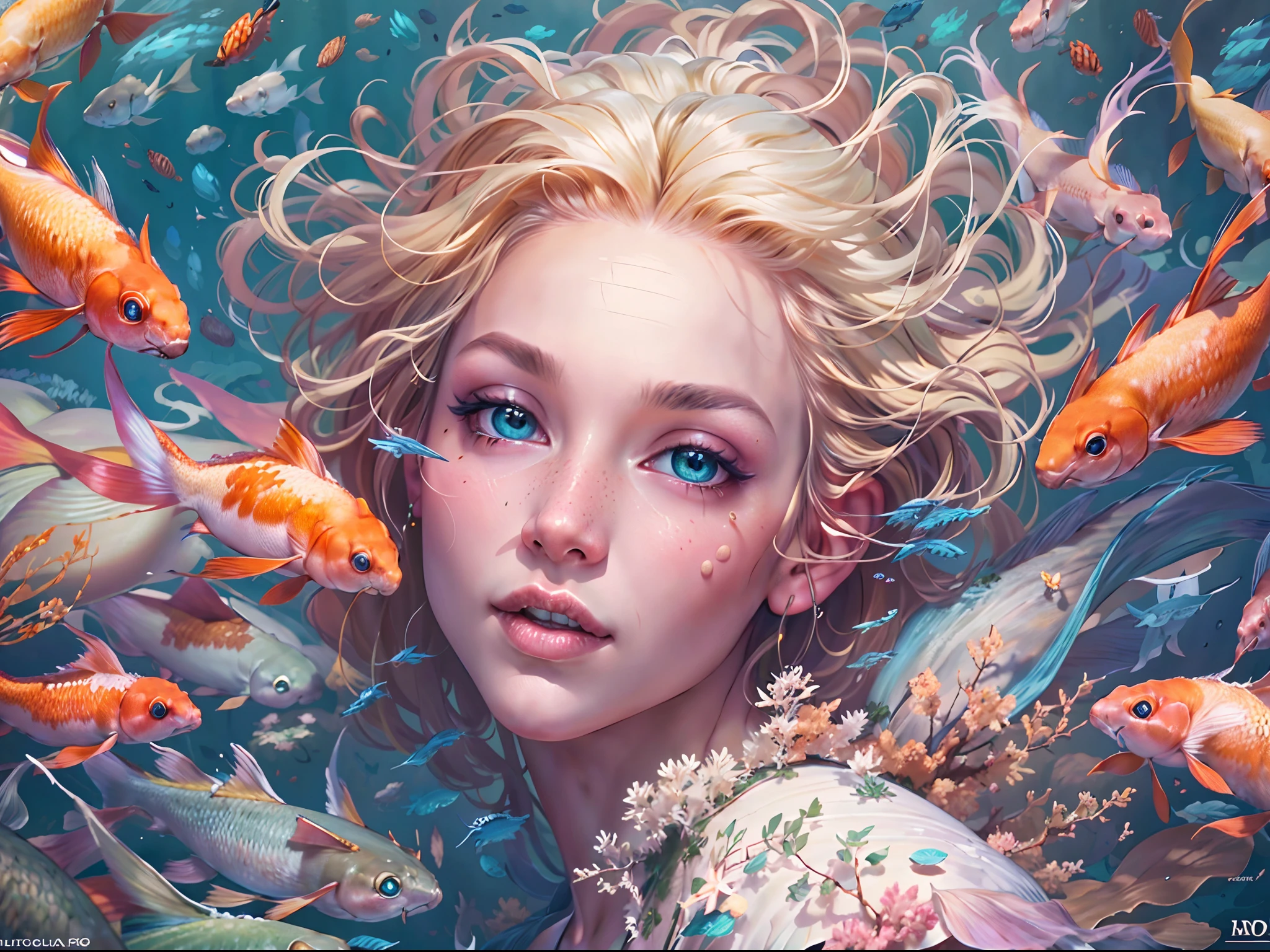 high details, best quality, 16k, RAW, [best detailed], masterpiece, best quality, (extremely detailed), full body, ultra wide shot, photorealistic, fantasy art, RPG art, D&D art, a picture of a mermaid swimming with koi fish under the sea, exqisite beautiful mermaid, ultra feminine (best details, Masterpiece, best quality), ultra detailed face (best details, Masterpiece, best quality), blond hair, pixie cut, blue eyes, white scales, undersea life, a [[flock of koi fish]] swimming (best details, Masterpiece, best quality) undersea background depths-fc, dim sun light from above High Detail, Ultra High Quality, High Resolution, 16K Resolution, Ultra HD Pictures, 3D rendering Ultra Realistic, Clear Details, Realistic Detail, Ultra High Definition