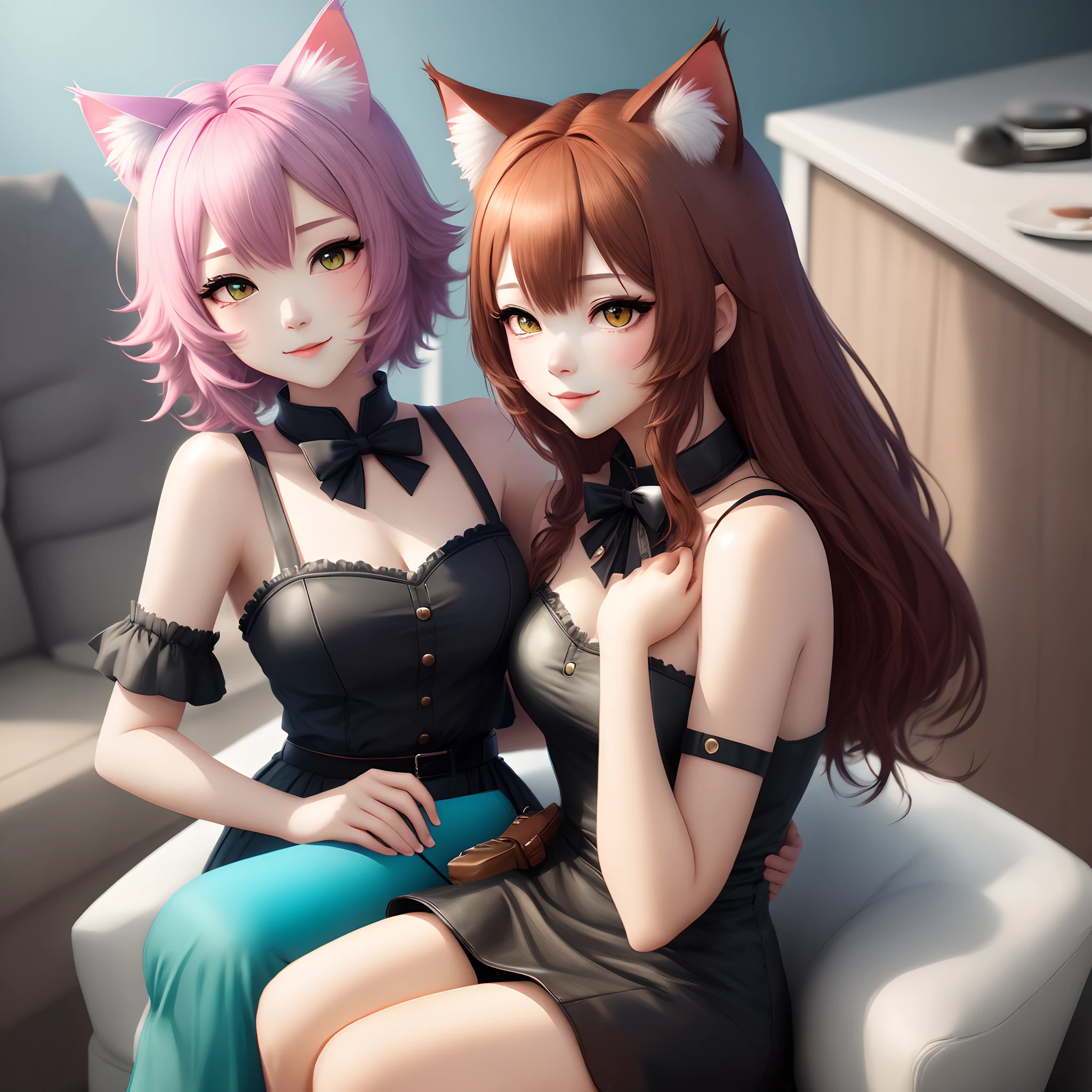 two hot women in lingerie posing on a bed with red hair, red cat girl, cute sexy butts, red fox ears, wlop and sakimichan, neko, very beautiful cute catgirl, attractive cat girl, beautiful young catgirl, seraphine ahri kda, red - haired fox, two beautiful anime girls, perfect red haired girl, red haired, red-haired, hot, thick legs, cute sexy butts