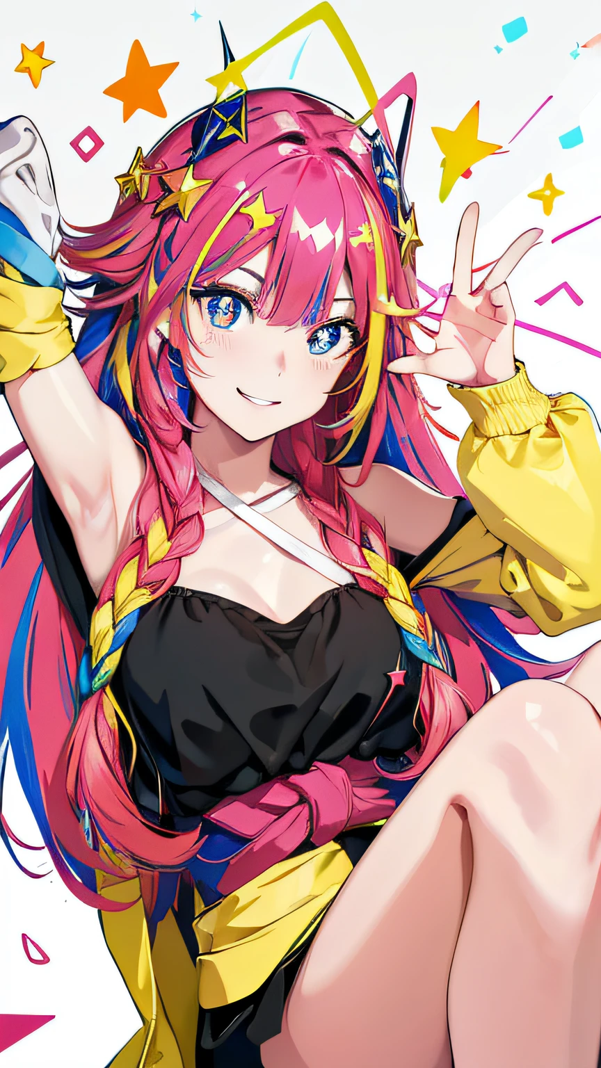 (masterpiece, best quality), ((1girl, (mature female) long hair), (star-shaped pupils,  +_+, symbol-shaped pupils, sparkling eyes)), (looking at viewer, light smile, off shoulder), (multicolored background, abstract background, chromatic aberration),