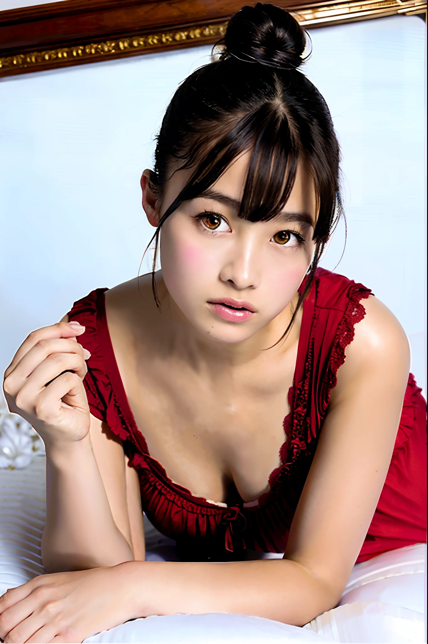 (8k, RAW photo, best quality, masterpiece:1.2), (realistic, photo-realistic:1.37), ultra-detailed, ultra-high res, Beautiful image, sharp focus, 1 girl, looking at viewer, detailed beautiful face, (feathercut:0.6), red bra, red panties, professional lighting, medium breast, gravure, outdoors, perfect proportion,
