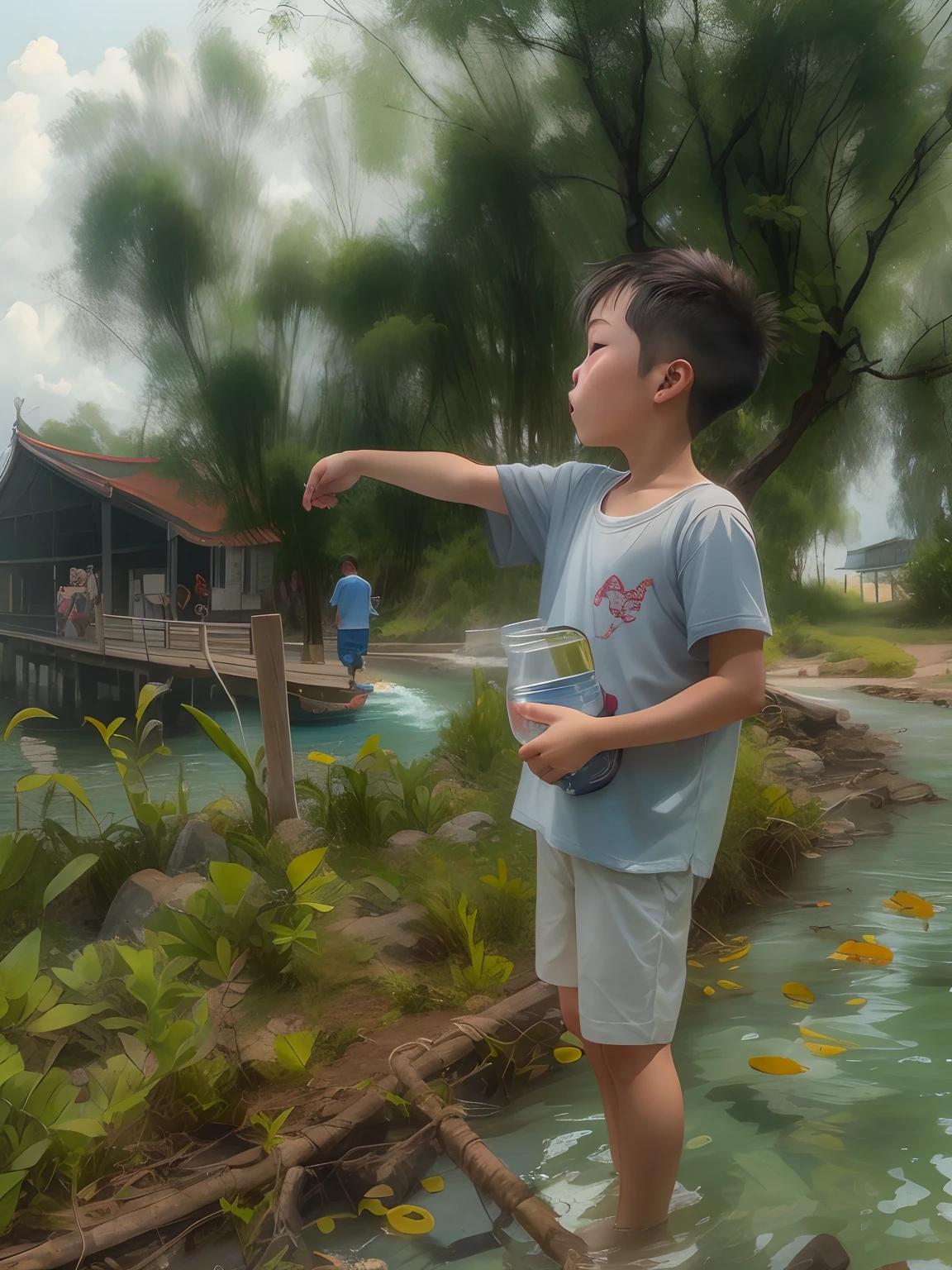 There is a ****** boy sitting on the platform by the water, boy, the river in front of him, Xiang Duan, Baopan, at the water's edge, Baofan, having a lot of fun, Ren Hao, Leng Jun