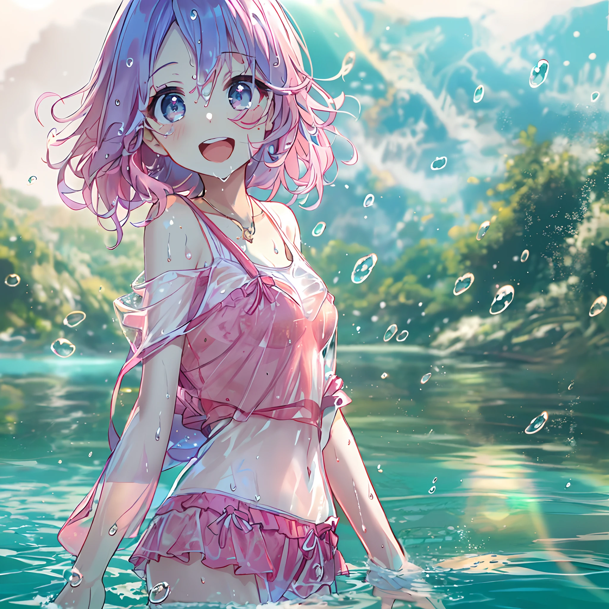 absurderes, hight resolution, (Anime style:1.1), ((masutepiece)), ((Best Quality)), (Ultra-detailed), (Beautiful), 独奏, Beautiful face、(liftup),12year old、Cute little girl standing in the water of a beautiful beautiful lake deep in the forest,Wind,Pink colorful hair, Colorful eyes,(Naughty swimwear),Blue sky,Closed eyes,Looking at Viewer,Lens Flare,Dramatic, Coastal、A smile、(Clothes get wet and see-through:1.5)、Bare legged、no-bra、(Big breasts)、Emphasis on the chest