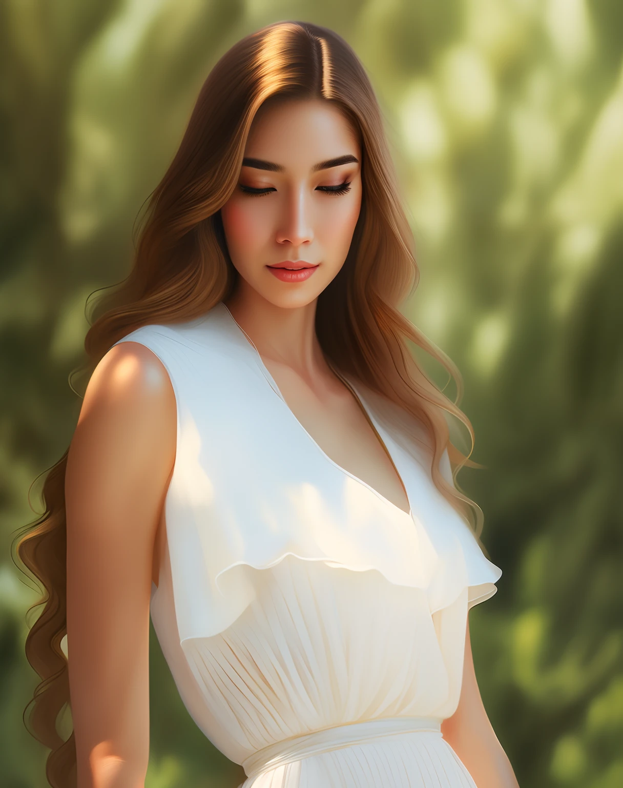 Arafed woman in white dress posing for photo, soft portrait shot 8 k, in style of wlop, digital art of an elegant, photorealistic ideal body, wlop glossy skin, inspired by WLOP, [ 4K digital art ]!!, Photorealistic picture, Unearthly beauty, photorealistic anime girl render, Soft Digital Painting