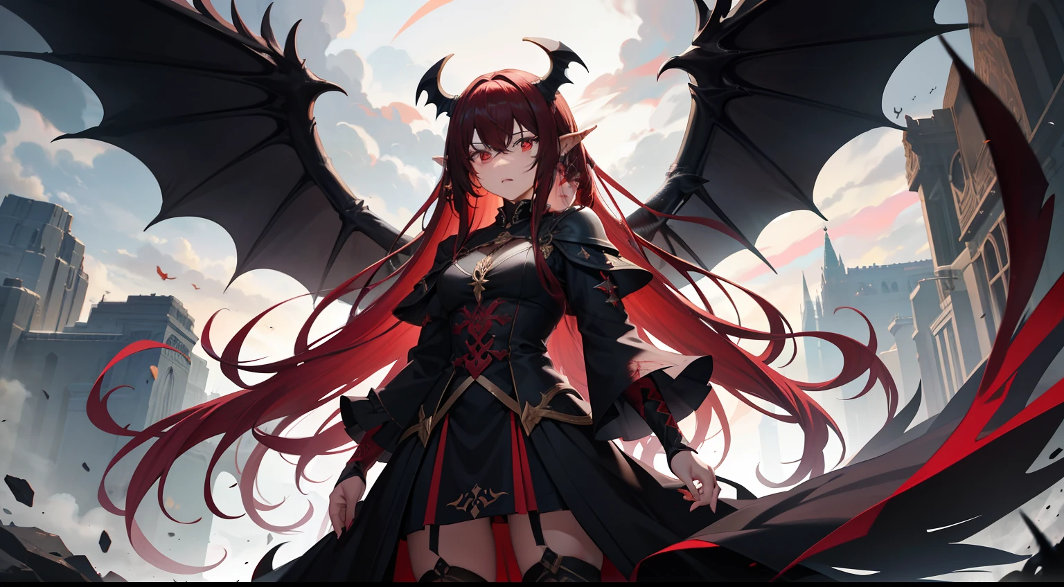 cabelos preto e longos,18-year-old girl,Blood-red eyes,Black dragon horn,General costume,Black wings,Holding a blood-red knife,elvish ears,Above the valley