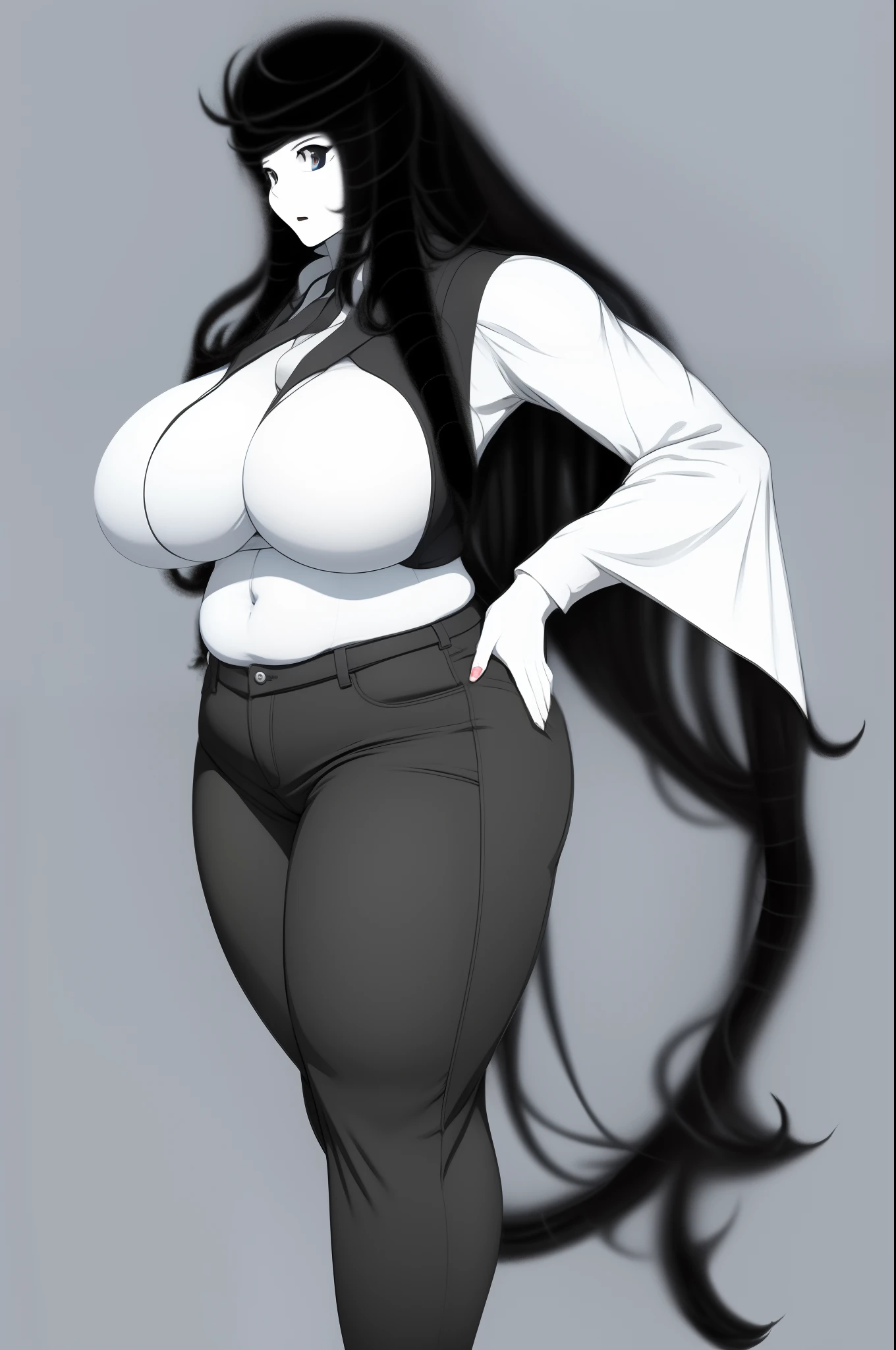 scientific vest, long hair hime cut, black hair, pale sking, black eyes, ,big breast, pants, pullovers