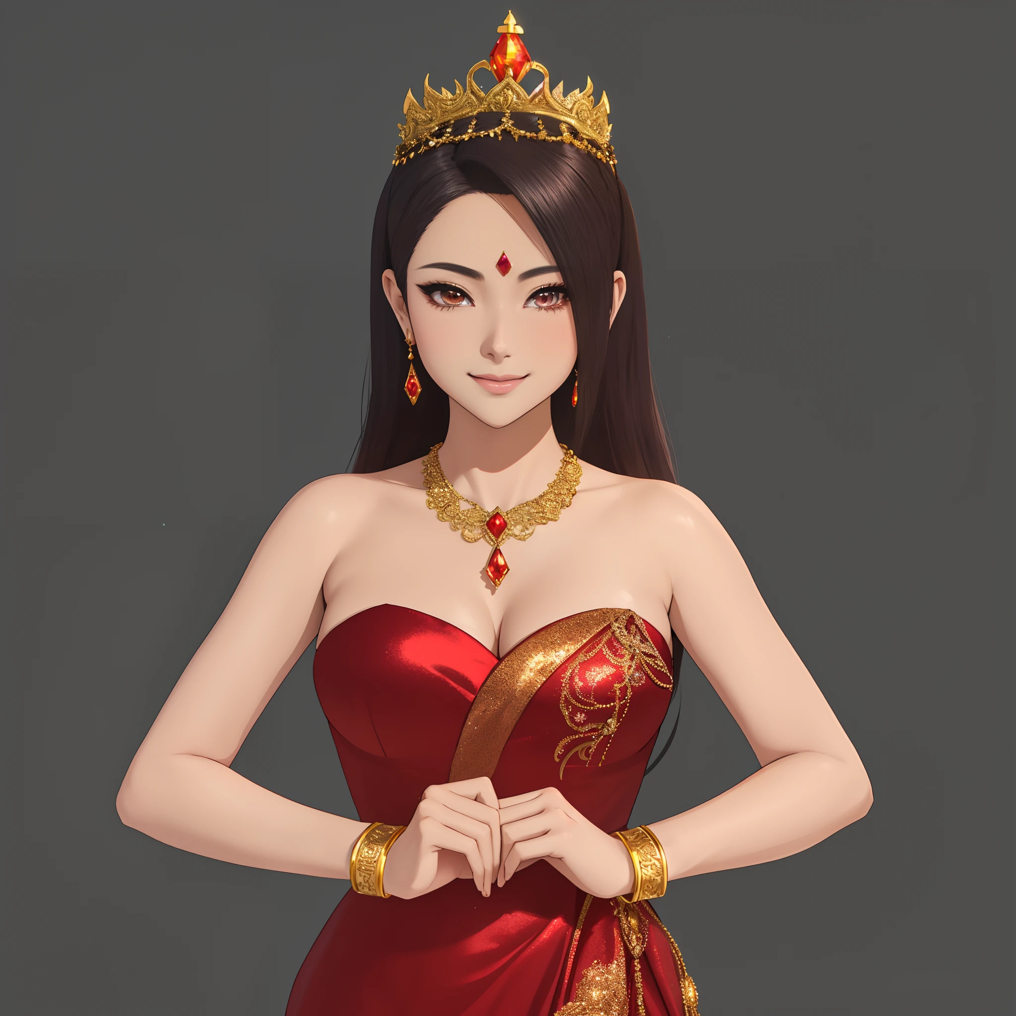 Thai style,The woman wears a gorgeous red evening dress, The dress is covered with sequins,Sparkling,He wears the crown of a princess on his head,Wear a gold gemstone necklace,Gold gemstone bracelet,Smooth anime CG art, 3D CG, 3 D CG, full-body xianxia, upper body avatar, render of a cute 3d anime girl, digital art of an elegant, 2 d cg, elegant smiling pose, anime styled 3d, 3d anime girl