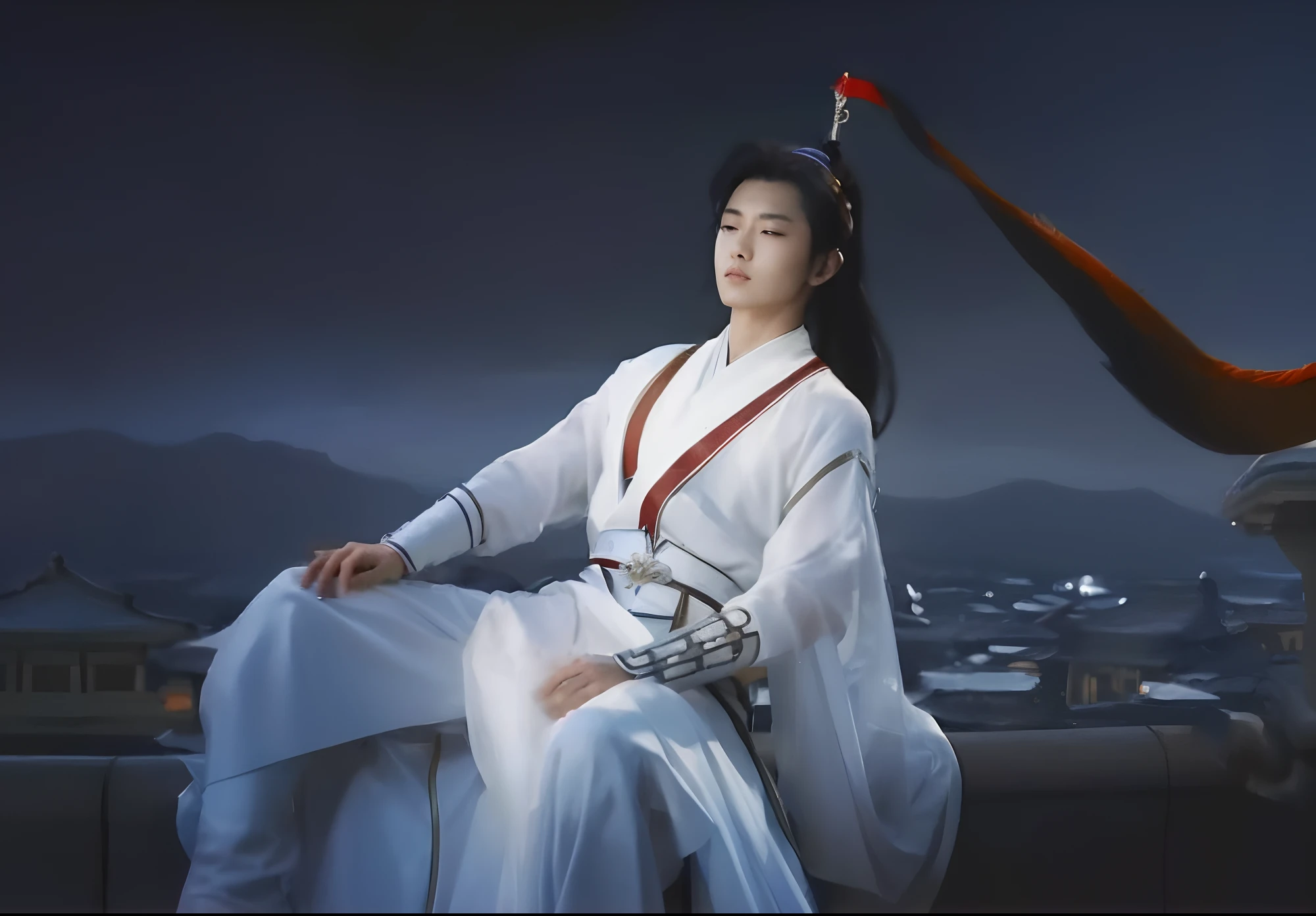 The male protagonist of a Chinese fairy tale drama in a white dress,sitting on rooftop，With his back against the fairy sword,A flowing red ribbon was tied to the hilt of the sword,, xianxia hero, Inspired by Zhao Yuan, White Hanfu, zhao yun, Inspired by Seki Dosheng, Beautiful character painting, Inspired by Cao Zhibai, inspired by Zhu Derun, queen of the sea mu yanling, Cheng Yi,Nice and handsome little brother,The face is delicate,k hd