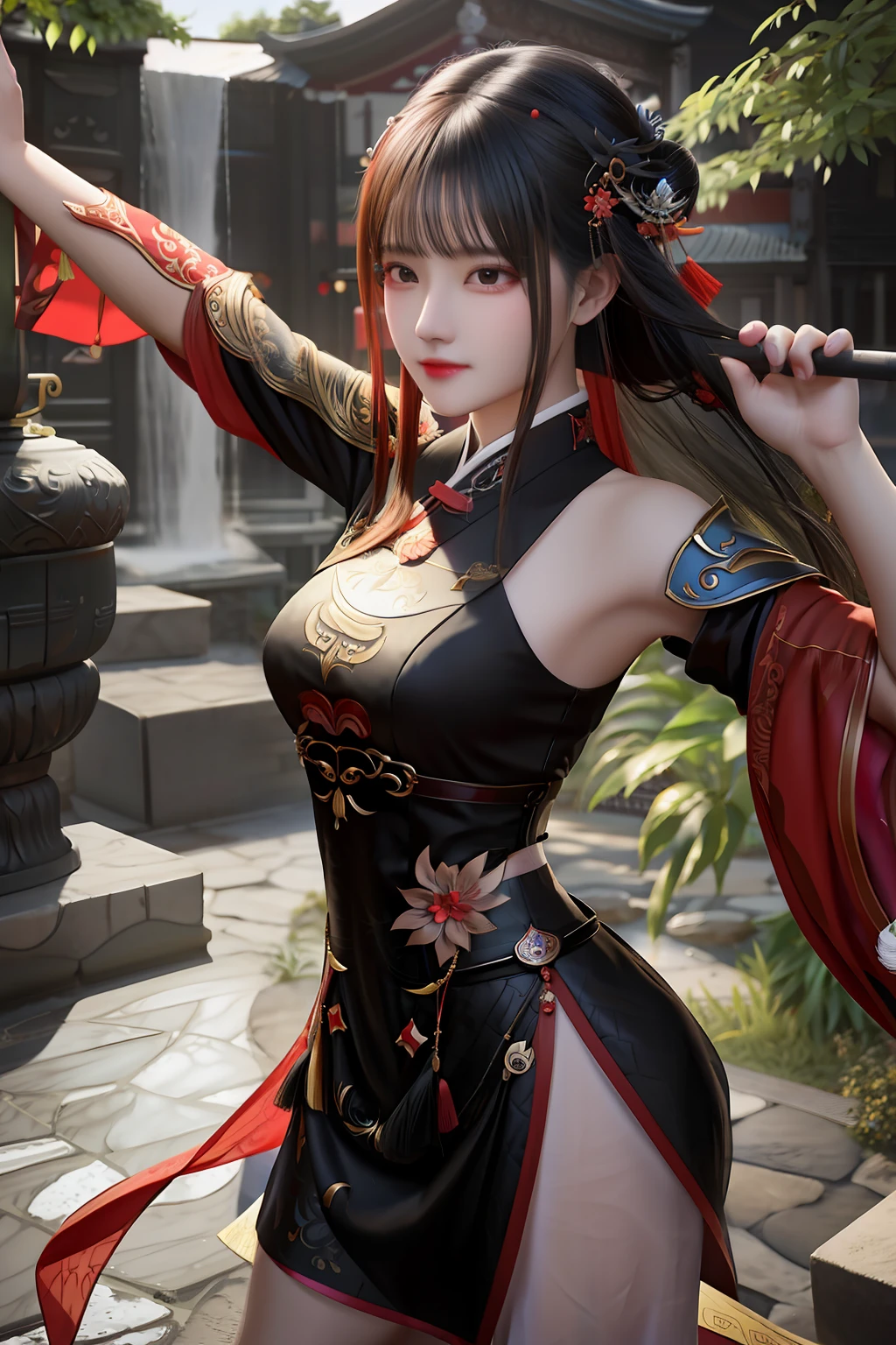masterpiece, best quality, guanyinping, very long hair, black hair, 1girl, black eyes, red skirt, realistic, cleavage, holding weapon, one eye closed, from above, dynamic pose, looking at viewer, smile, chinese clothes, <lora:å³é¶å±_xl:0.75>