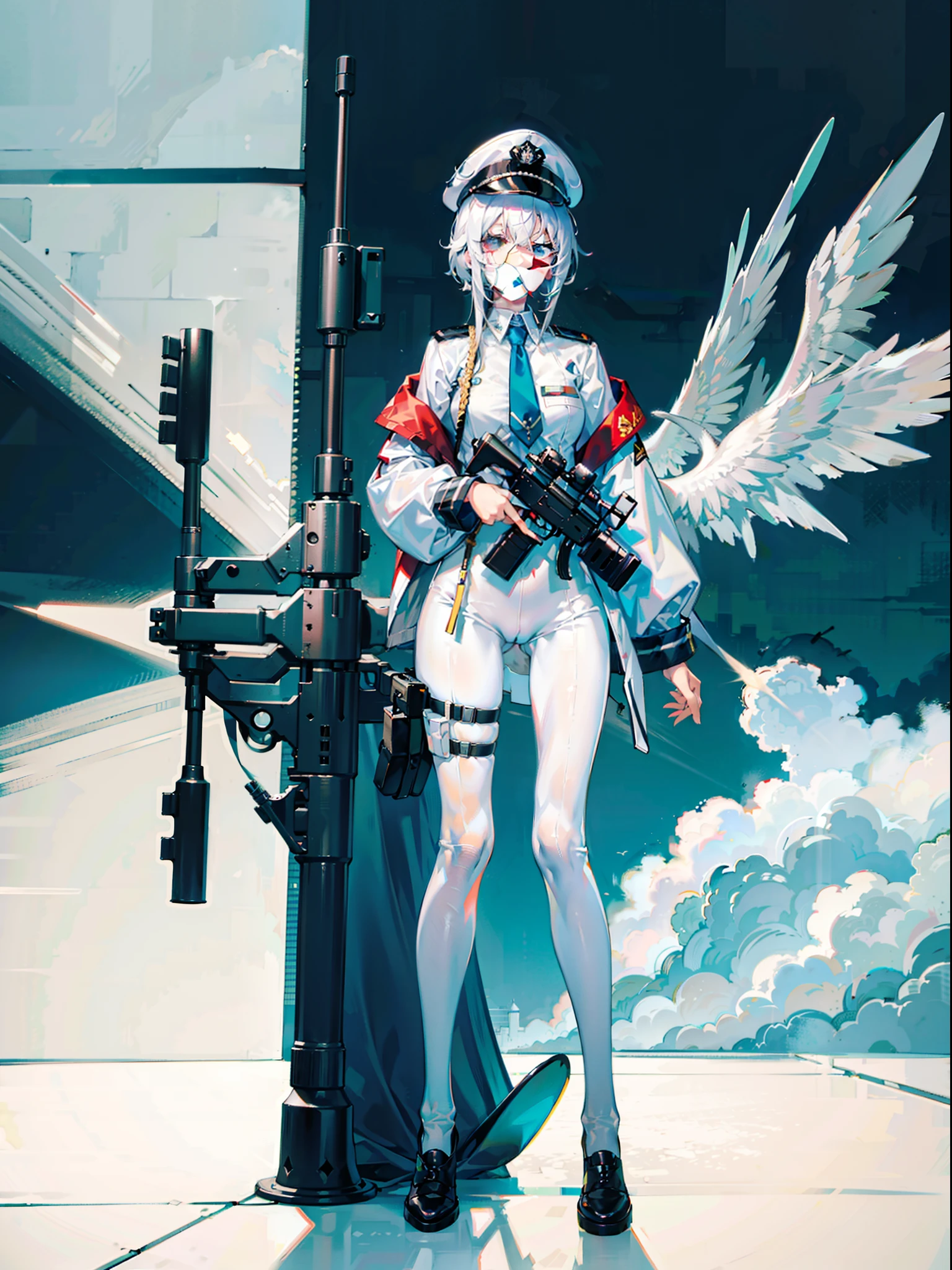 Clothing skyline,White color hair,woman,your legs,Read,There is a sniper rifle next to it,Black officer's cap,white pantie,tightsuit,The expression is grim