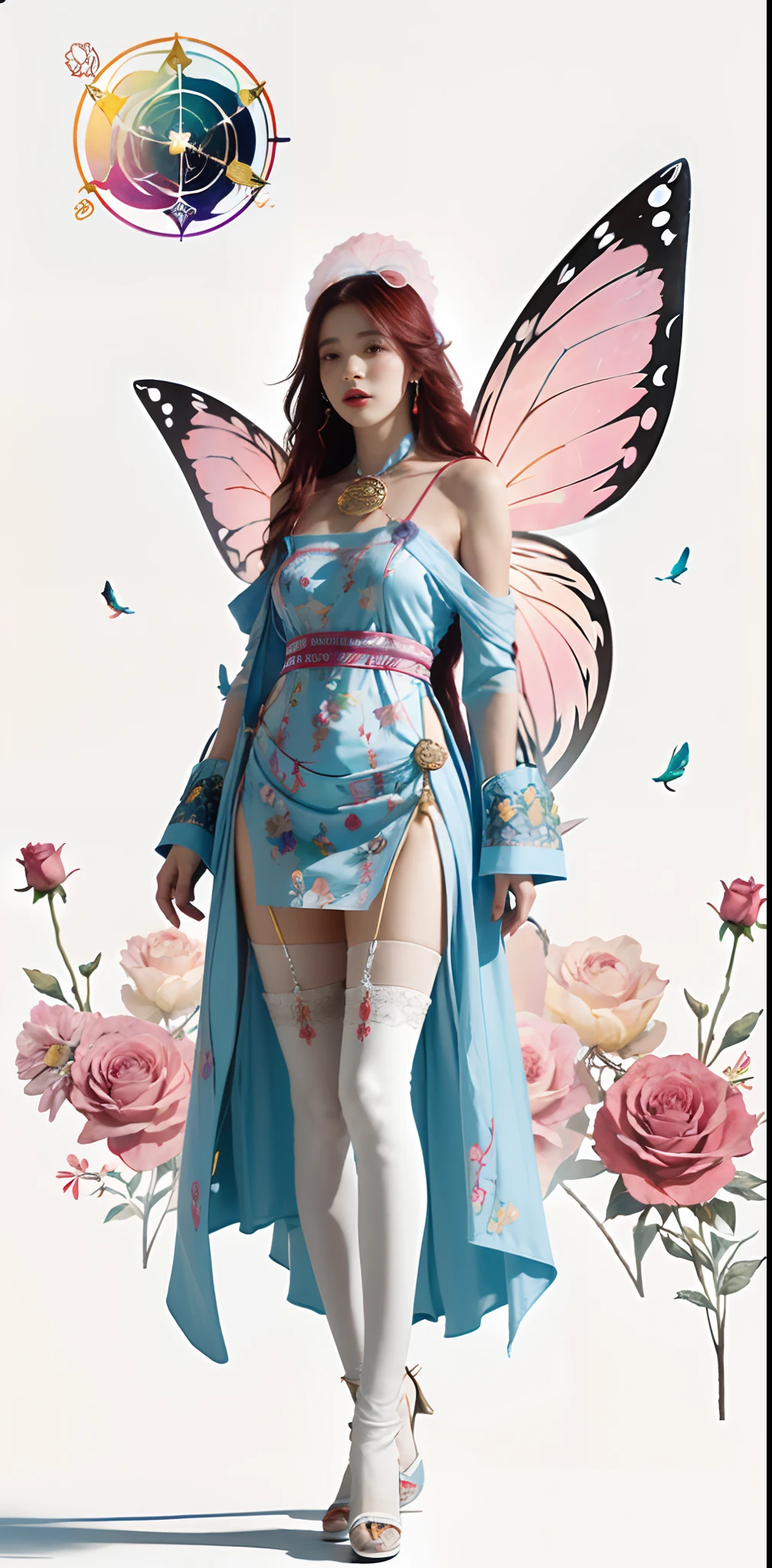 (Golden Ratio:1.2),(rose graffiti:1.2),(fault color:1.3),[(white background:1.4)::10], (full body:1.2),(ultra-detailed:1.3),(tarot:1.6),(the magician (tarot):1.6),

Beautiful mature woman, (mature face:1.4), extremely detailed face and eyes, (paper:1.2),(fairy:1.6),(fairy wings:1.2),full body, standing in the air,(cool:1.2),(red long hair),(butterfly hair ornaments),(flower hair ornaments:1.0),((sandal,Locket)),(colorful cocktail long dress:1.0)+(Loose sleeves coat :1.3)+(floting colorful tassel and ribbon :1.2),(White stockings:1.2), absurdes, 4k,

(colorful ink paper flower grow on the face:1.2),(colorful flower sea:1.3),

(chaotic geometric images:1.3),(nagative space:0.8),(drawing board:1.3),

(ether colorful ink flowing:1.3)
