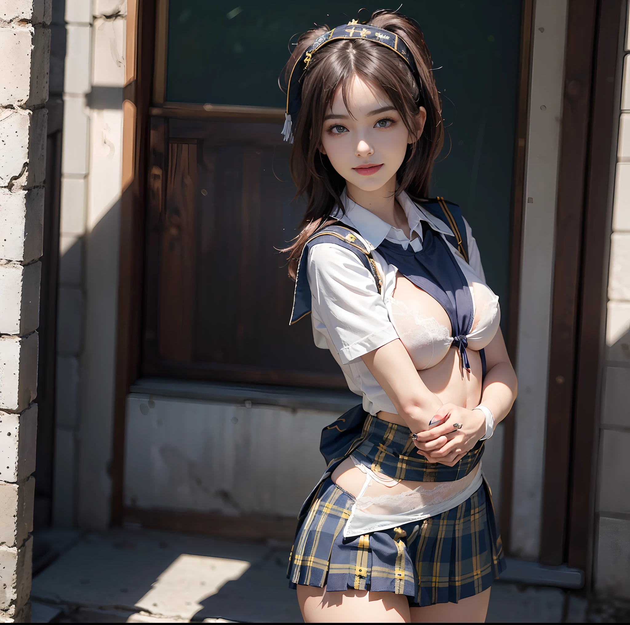 (top-quality)、 (masterpiece)、(Realistic lighting with shadows)、 (elegent)、 (A hyper-realistic:1.2)、(Stylish), (intricate detailes)、 (Perfect anatomical depiction of the human body:1.5)、(Girl standing proudly in front of camera with chest turned、Another girl on the other side is pointing her ass at the camera:1.5), ( Huge breasts :1.7), (Beautiful bright blue eyes squinting dazzlingly:1.2)、(Small lips without lipstick)、 (Brunette's half-up hair shines in the backlight), (She is a schoolgirl costume:2.5)、 (The skirt is a tartan plaid micro mini pleat:1.3)、 (Thin crimson ribbon ties:1.2), (She is standing and bending her knees:1.2)、(This is a photo taken with squinted eyes and a cute smile....:1.2), (Pull up the skirt with your hands、Showing off her proud pure white small low-cut panties from the front:1.9), (Only one person turns his back and shows off his proud big ass from directly behind:1.3), (the face is chubby:1.2), (perfect anatomia), (A detailed face), (Perfect hands, Correct number of arms, Correct number of fingers, nice hand, Anatomically correct hand), irene1