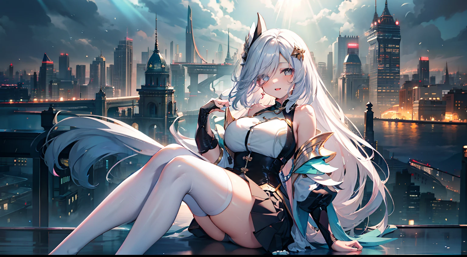 heavy rain,Gorgeous high heels,Under water,grabbing the breasts,Official fine art,tmasterpiece,Sharp focus,Long straight hair,Delicate and beautiful eyes and face,realisticlying,ultra - detailed,a beauty girl,blue-sky,Glowing white particles,(side-lighting:1.2),rays of sunshine,baiyun,Detailed clouds,Slender,Cute big breasts and big buttocks,Toothy laughter,((Laugh and open your eyes)),scenecy,Long straight hair, sexy facial expression, buliding, (Cityscape:1.7), Dynamic hair, Long straight hair, Delicate platinum-pink hair, glow blue eyes, (blue pleated shirt+white skirt), Long white socks, paleskin, hair adornments, epic landscapes,deep in the night,Masterpiece, Best quality,Bare shoulders, white thighhighs, Hair ribbon, Large breasts,