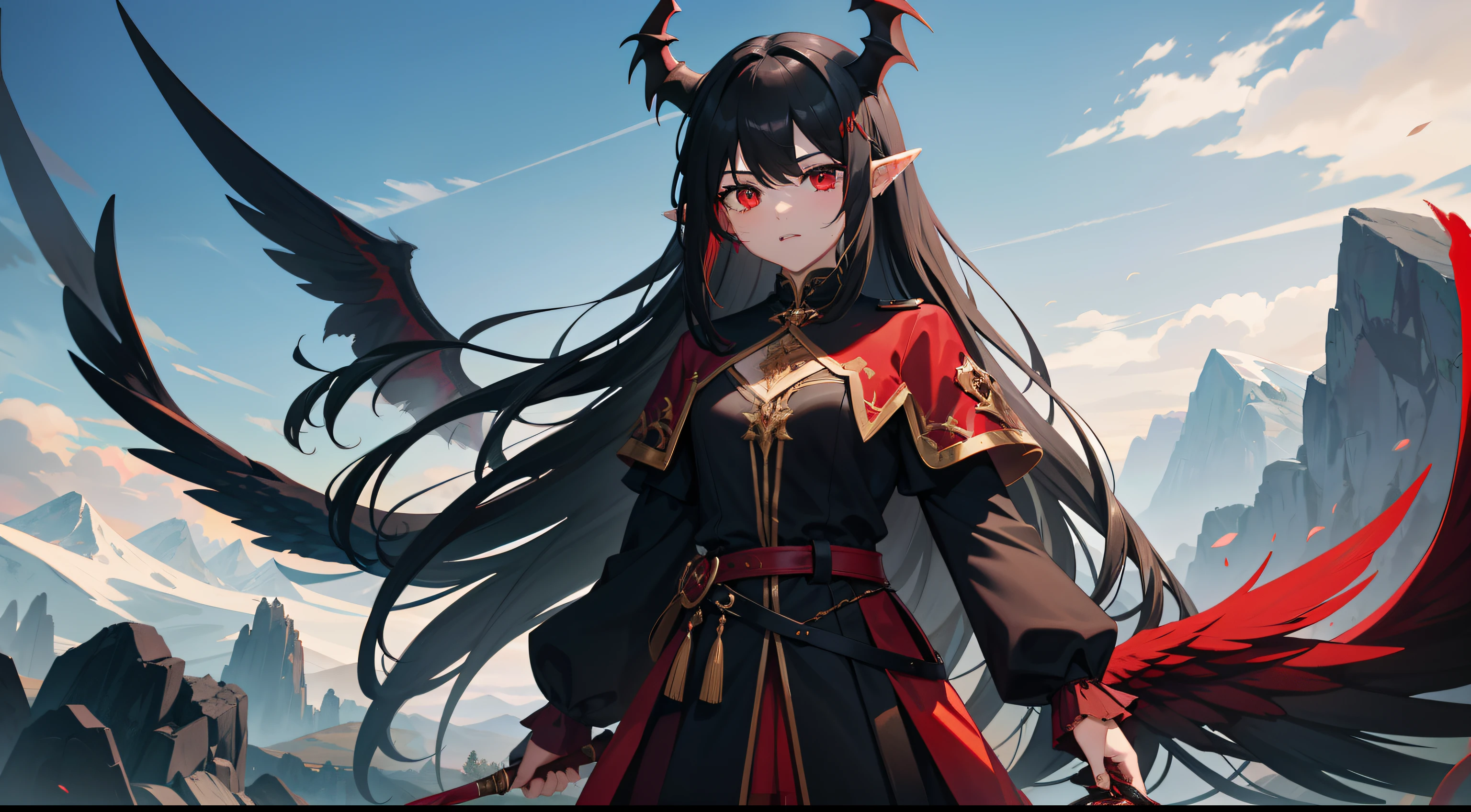 cabelos preto e longos,18-year-old girl,Blood-red eyes,Black dragon horn,General costume,Black wings,Holding a blood-red knife,elvish ears,Above the valley