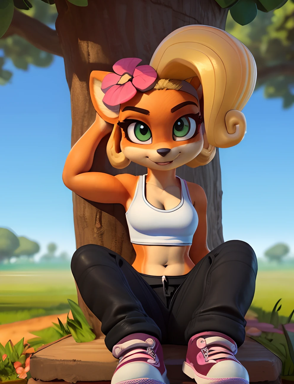[Coco bandicoot], [Uploaded to e621.net; (Pixelsketcher), (wamudraws)], ((masterpiece)), ((solo portrait)), ((front view)), ((shoes visible)), ((1girl)), ((furry; anthro)), ((detailed fur)), ((detailed shading)), ((beautiful 3D art)), {anthro; (orange fur, black nose), cute green eyes, blonde hair, curly ponytail, curly bang, cleavage, happy smile, (navel)}, {(white tank top), (black cargo pants), (pink flower in hair), pink round sunglasses, (pink sneakers)}, {(sitting on tree stomp), (looking at viewer)}, [background; flower plains; (trees, sun rays through trees)]