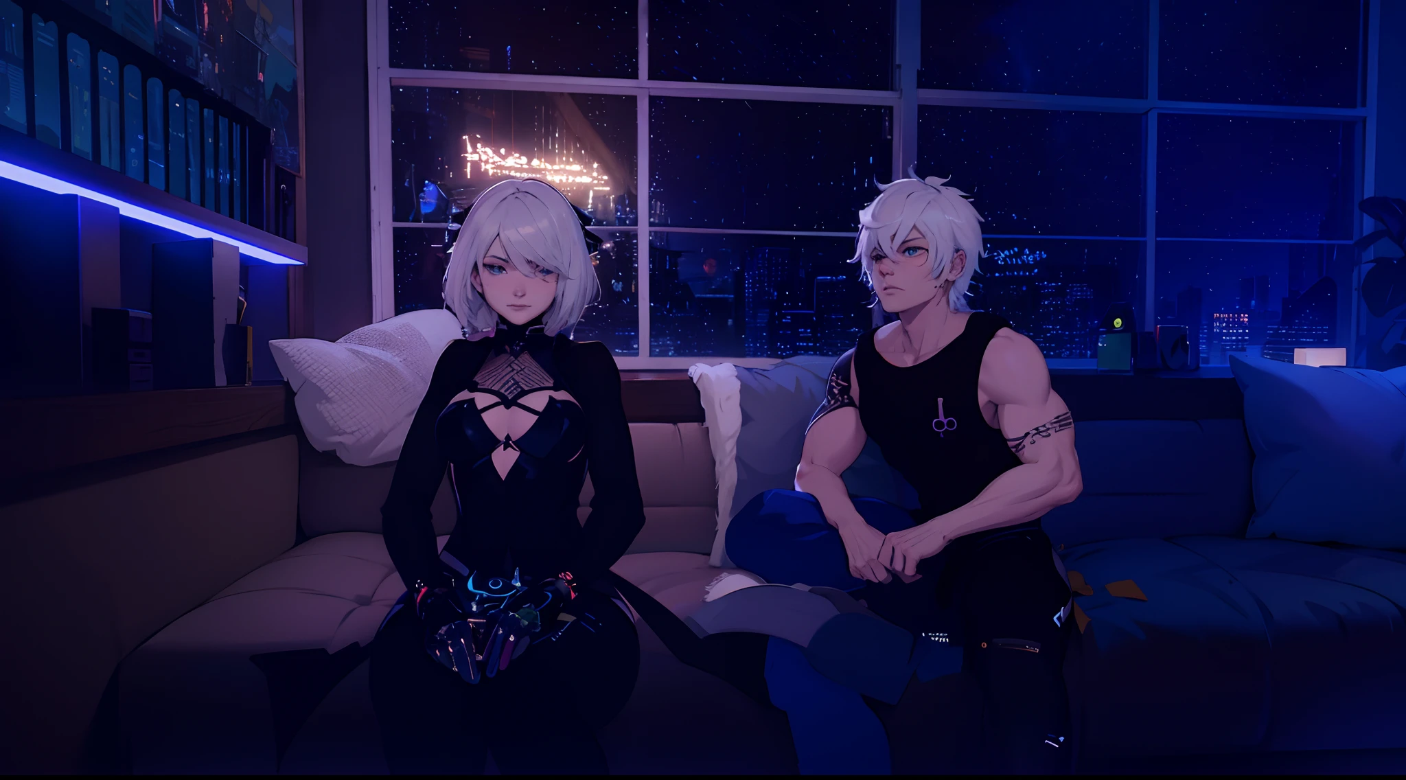 They are sitting on a sofa in a room with a window, 2b, 2 b, Nixeu y Sakimichan, Chillin en el club juntos, Sakimichan y Frank Franzzeta, Pose lacivious, En Cyber Punk 2077, Ruan Jia y Brom, nier 2 b, KDA y Sam Yang