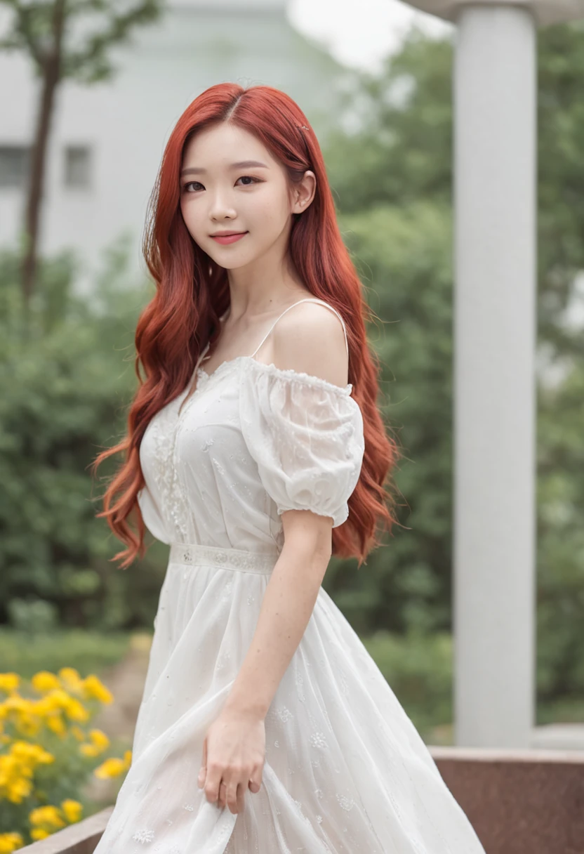 Girl Long red hair China Campus playground background Sweet White long dress Slightly fat Smile Early morning sun