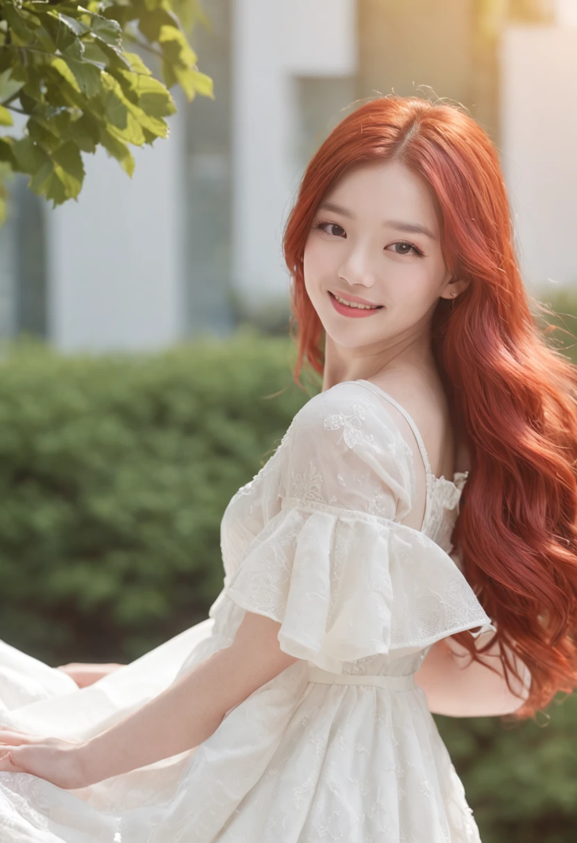 Girl Long red hair China Campus playground background Sweet White long dress Slightly fat Smile Early morning sun