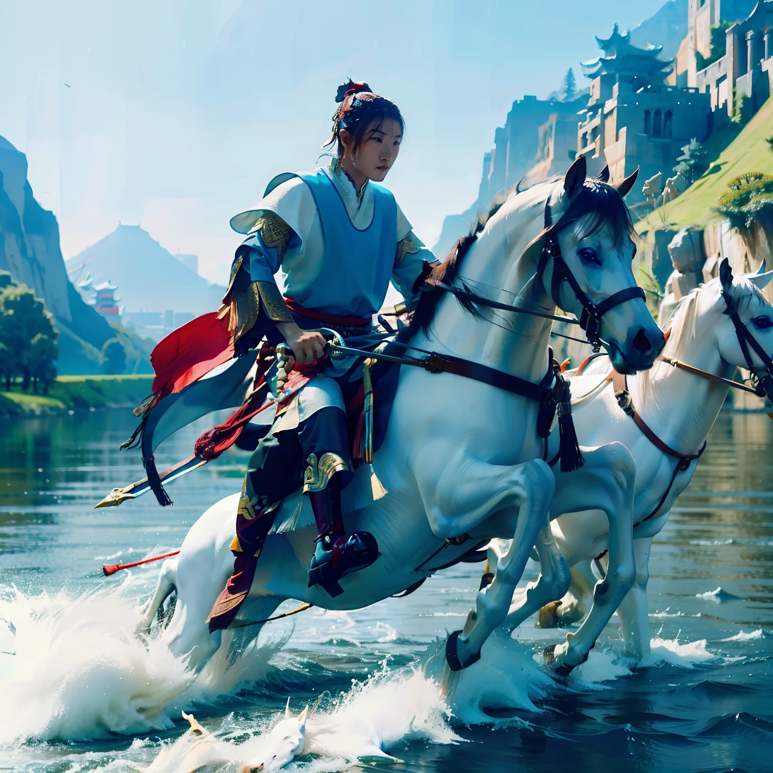 An ancient Chinese man/holding a longsword/Riding a white horse/Run in the river
