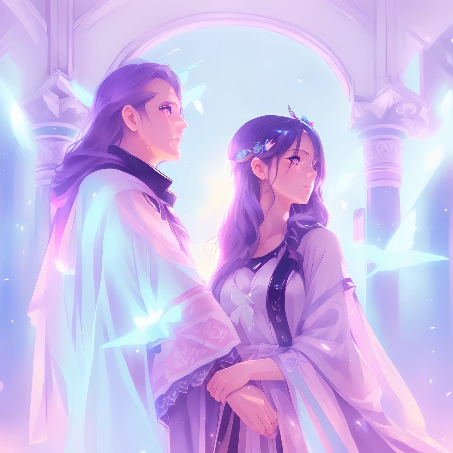 Under a star-filled sky, Orihime and Hikoboshi stand on opposite sides of the shimmering Milky Way, their eyes meeting with a sense of longing and love. The night is illuminated by a soft, ethereal glow, with delicate hues of blue and purple blending into the darkness. Surrounding them are twinkling stars, glowing mist, and mystical constellations, creating a magical and otherworldly atmosphere. Both characters are dressed in traditional celestial robes adorned with intricate patterns, adding to the enchantment of the scene."