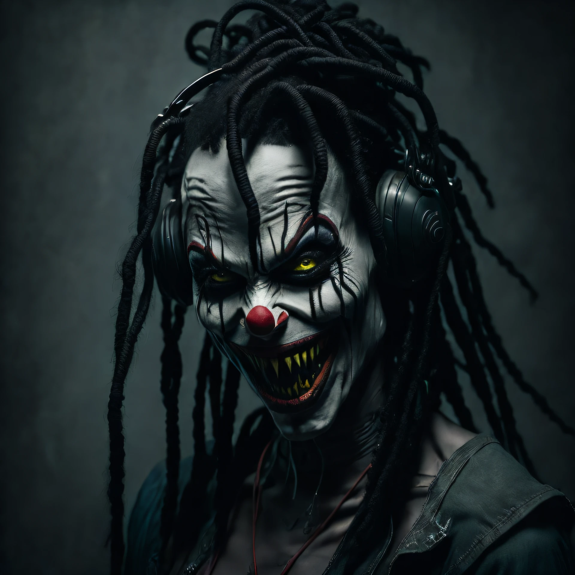 arafed clown with dreads and headphones on posing for a photo, scary look, with black metal face paint, sinister looking, scary smile, scary clown, scary style, portrait death clown, cyberpunk horror style, creepy clown girl, creepy evil smile, cyberpunk black metal band, evil smile and glowing eyes, horrifying grin. horror, goth clown girl, sinister photo