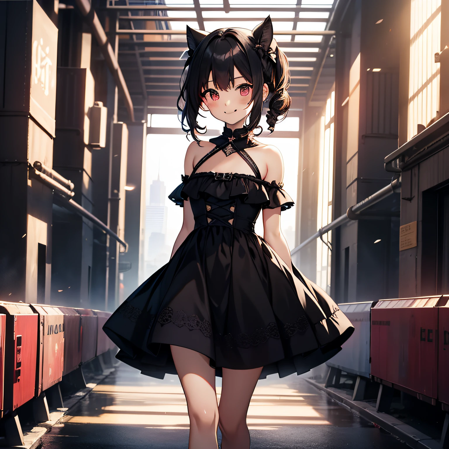 top-quality、extremely delicate and beautiful、one girls、（Drill Hair）、Bare_shoulders、Lori、Short dress、Black Dress、A smile、A dark-haired、Akame、is standing、Twin-tailed