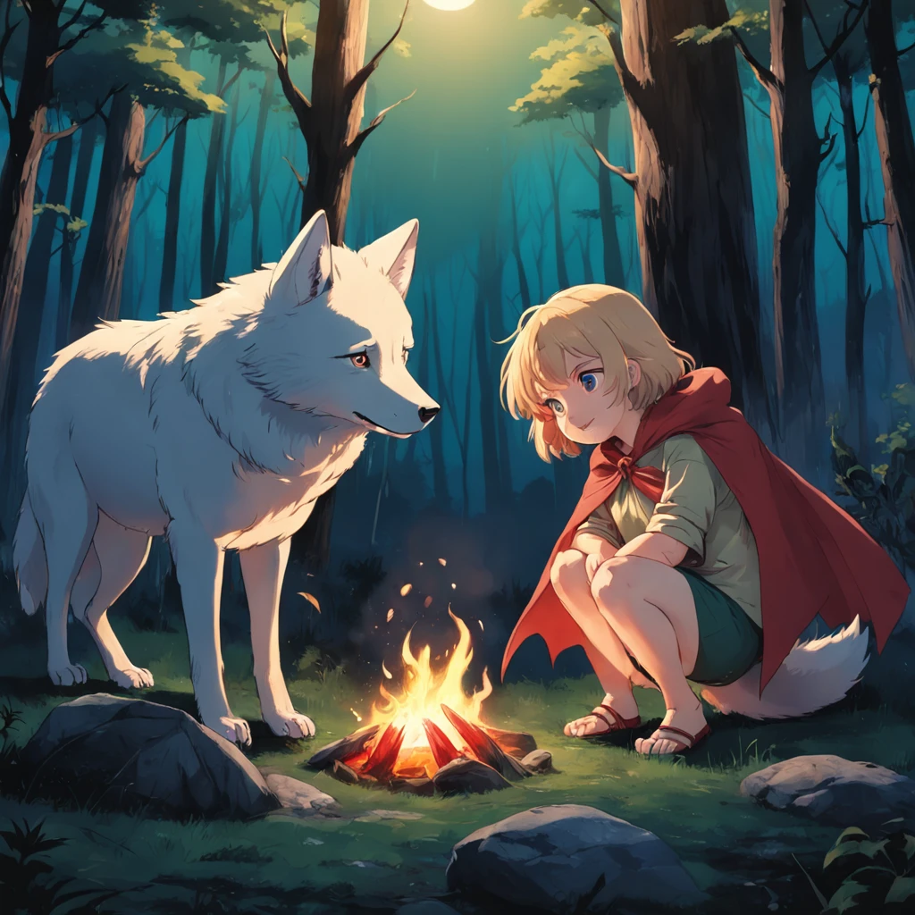 Um desenho animado, shows the Wolf Hero with cape, conversando com os animais da floresta, and the three little pigs in children's stories, em uma noite que a floresta estava pegando fogo.