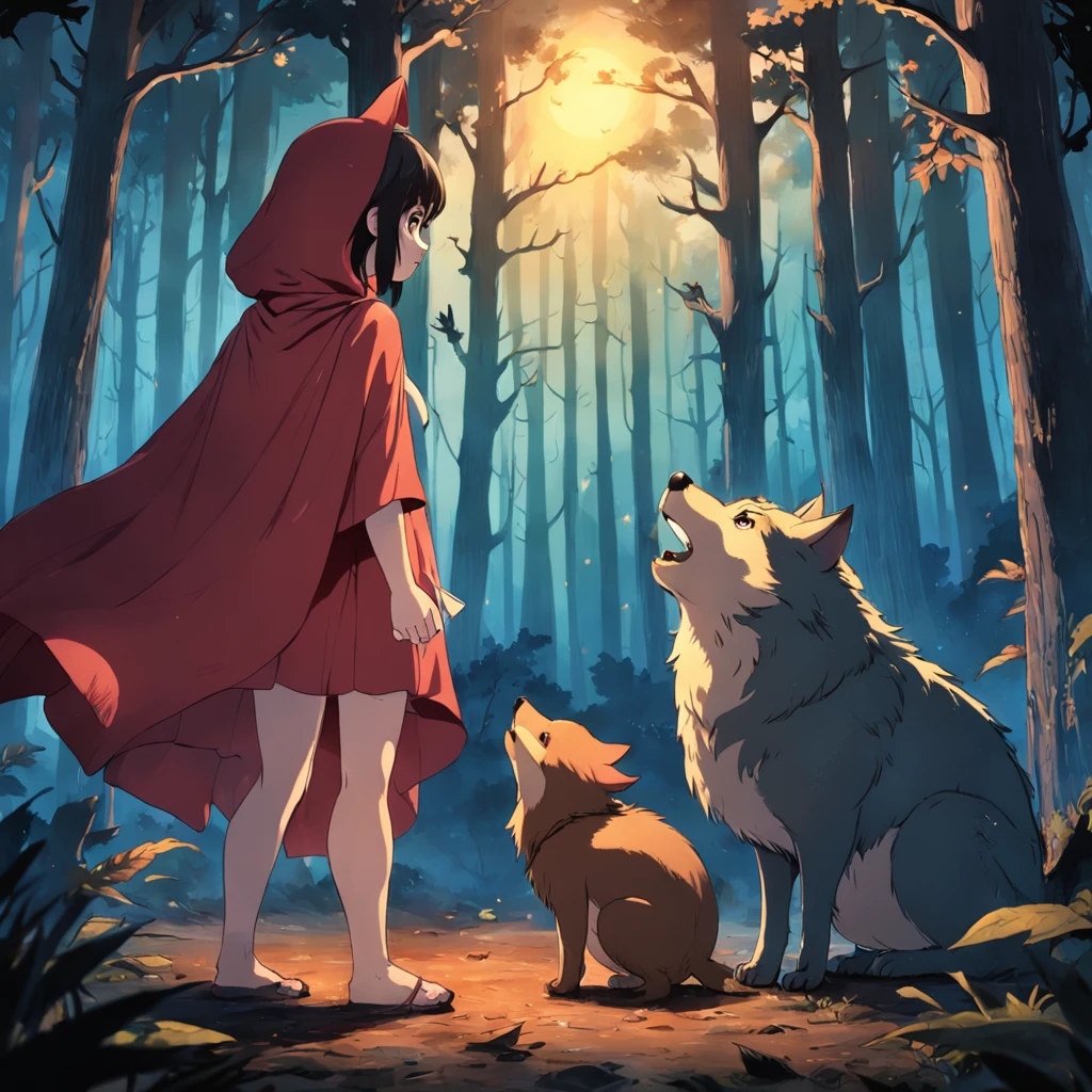 Um desenho animado, shows the Wolf Hero with cape, conversando com os animais da floresta, and the three little pigs in children's stories, em uma noite que a floresta estava pegando fogo.