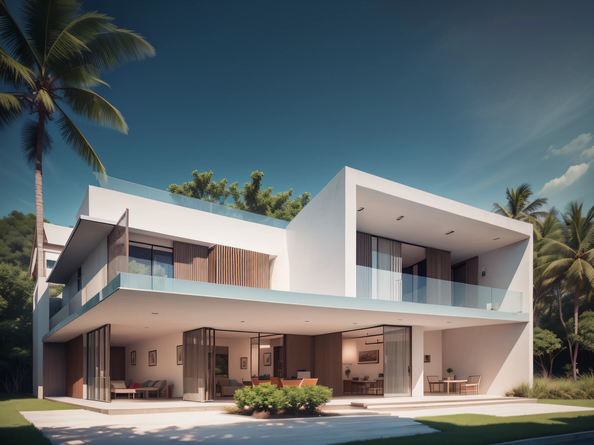 Bohemian House, Luxury beachfront Caribbean luxury villas, Glass open space loft villa with roof garden, modern, Dynamic (RAW photo, Real, Best quality, Masterpiece:1.2), (Ultra photo realsisim, photo-realistic:1.2), High quality, (Dark lighting:1.2), Perfect lighting, archdaily, Architectural Digest Award winner sustainable architecture, Cinematic
