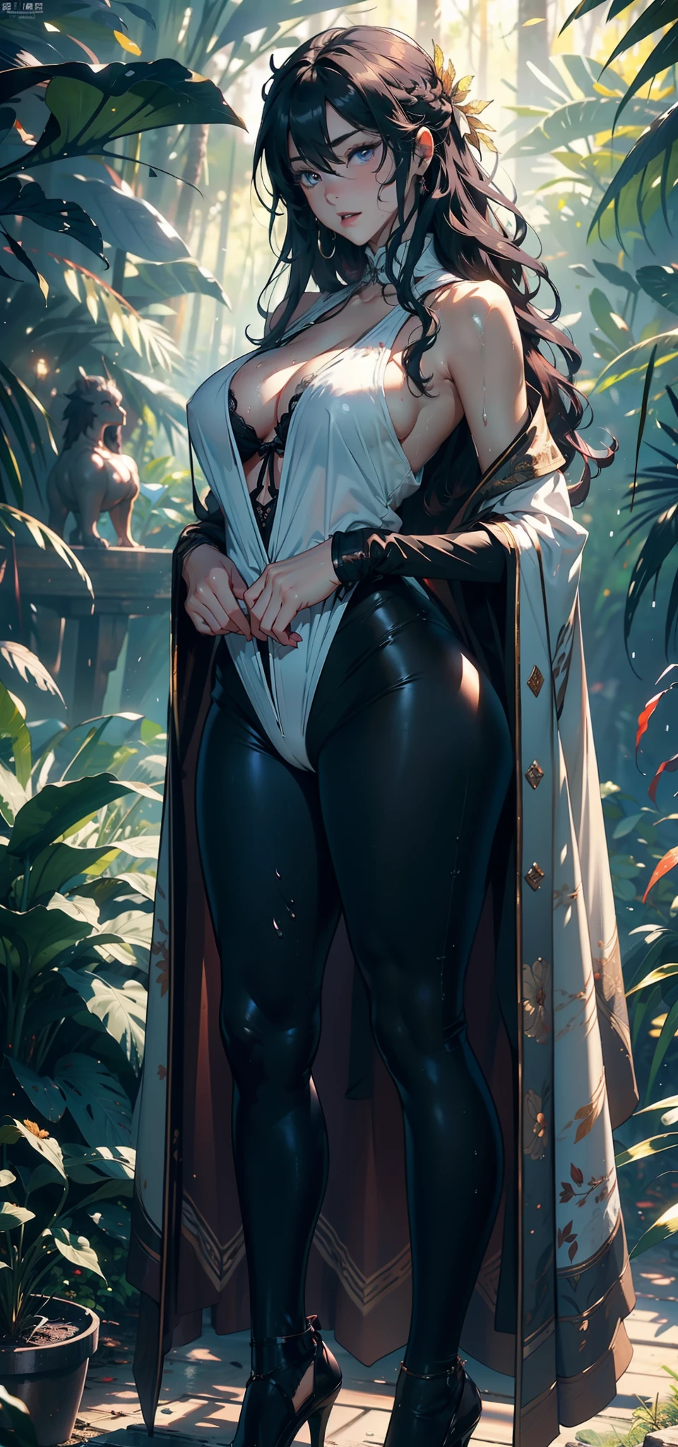 1female,25 age old,Large breasts,long leges,Big breasts Thin waist,Pornographic exposure, 独奏,(Background with:ln the forest,the rainforest,in summer) She has long purple hair,standing on your feet,Sweat profusely,drenched all over the body,seen from the front, curlies, mostly cloudy sky,(((tmasterpiece),(Very detailed CG unity 8K wallpaper),best qualtiy,cinmatic lighting,detailed back ground,beatiful detailed eyes,Bright pupils,(Very fine and beautiful),(Beautiful and detailed eye description),ultra - detailed,tmasterpiece,)),facing at camera,A high resolution,ultra - detailed),revealing breasts,Bare genitalia, Bulge,Camel toes,Raised sexy,Flushed complexion,Open-mouthed,frontage,The brave(Wearing:Loose white shirt,Black leggings,Cloak)nakeness,high-heels