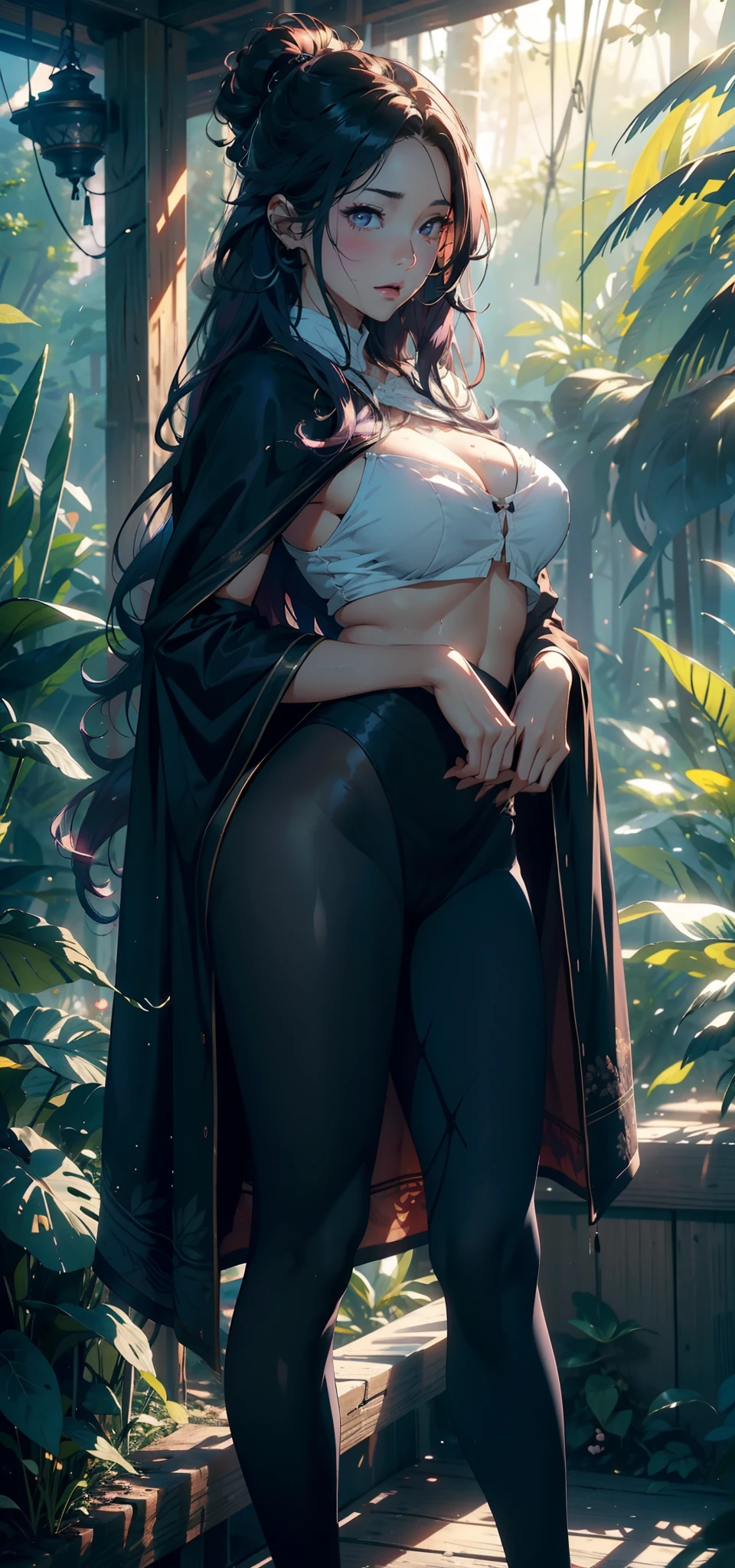 1female,25 age old,Large breasts,long leges,Big breasts Thin waist,Pornographic exposure, 独奏,(Background with:ln the forest,the rainforest,in summer) She has long purple hair,standing on your feet,Sweat profusely,drenched all over the body,seen from the front, curlies, mostly cloudy sky,(((tmasterpiece),(Very detailed CG unity 8K wallpaper),best qualtiy,cinmatic lighting,detailed back ground,beatiful detailed eyes,Bright pupils,(Very fine and beautiful),(Beautiful and detailed eye description),ultra - detailed,tmasterpiece,)),facing at camera,A high resolution,ultra - detailed),revealing breasts,Bare genitalia, Bulge,Camel toes,Raised sexy,Flushed complexion,Open-mouthed,frontage,The brave(Wearing:Loose white shirt,Black leggings,Cloak)nakeness,high-heels
