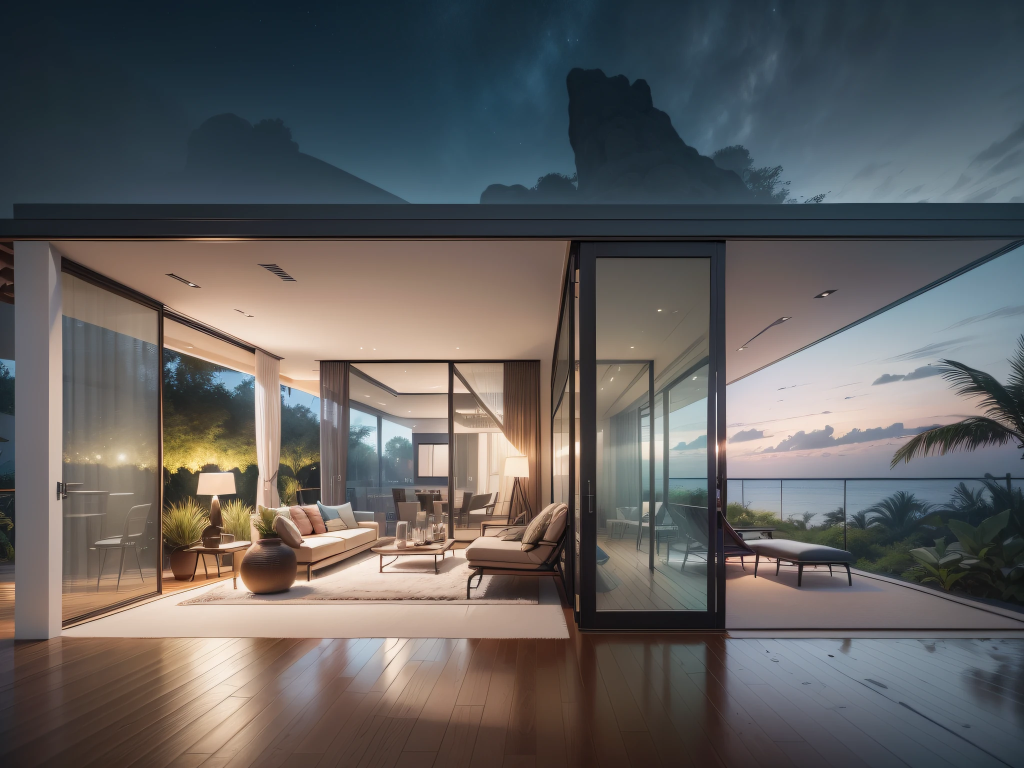 Bohemian House, Luxury beachfront Caribbean luxury villas, Glass open space loft villa with roof garden, modern, Dynamic (RAW photo, Real, Best quality, Masterpiece:1.2), (Ultra photo realsisim, photo-realistic:1.2), High quality, (Dark lighting:1.2), Perfect lighting, archdaily, Architectural Digest Award winner sustainable architecture, Cinematic