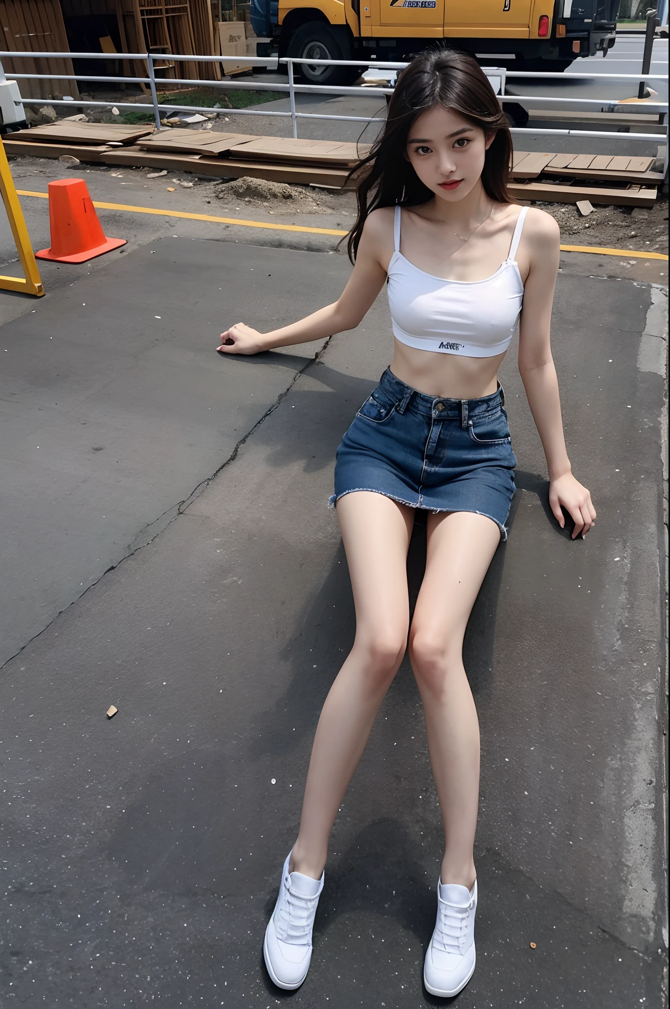 Girl in white bra and tight denim skirt posing for photo, full body, legs spread, with cut T-shirt, bra, slim body, smaller bust, slim girl model, 24-year-old female model, lying on the construction site, a group of black men onlooking