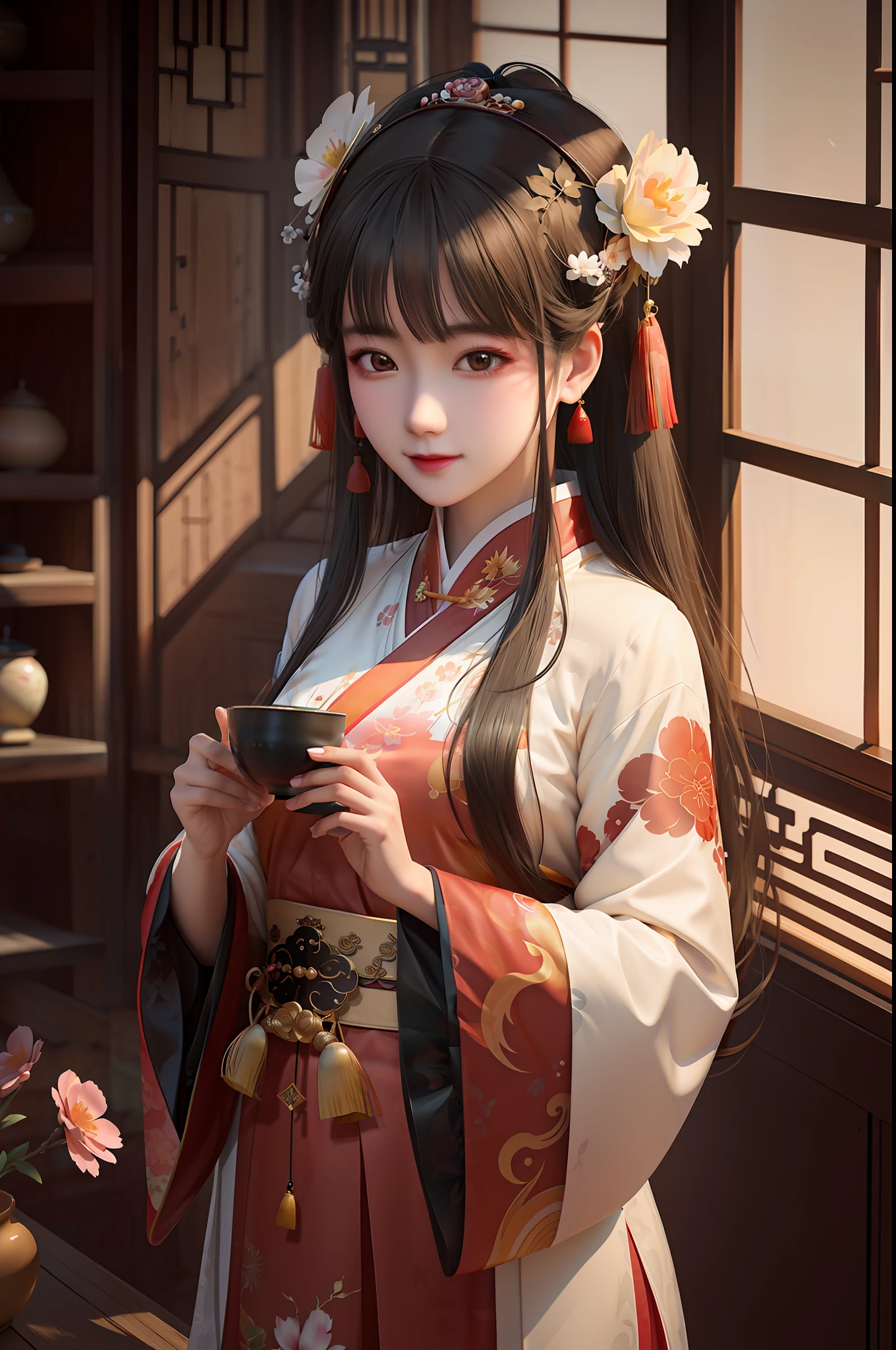 There is a woman in a kimono dress holding a cup, Palace , A girl in Hanfu, Guviz-style artwork, Beautiful character painting, trending on cgstation, Guviz, Japanese goddess, Guweiz on ArtStation Pixiv, Wearing ancient Chinese clothes, Beautiful digital artwork, Guweiz in Pixiv ArtStation, Chinese girl