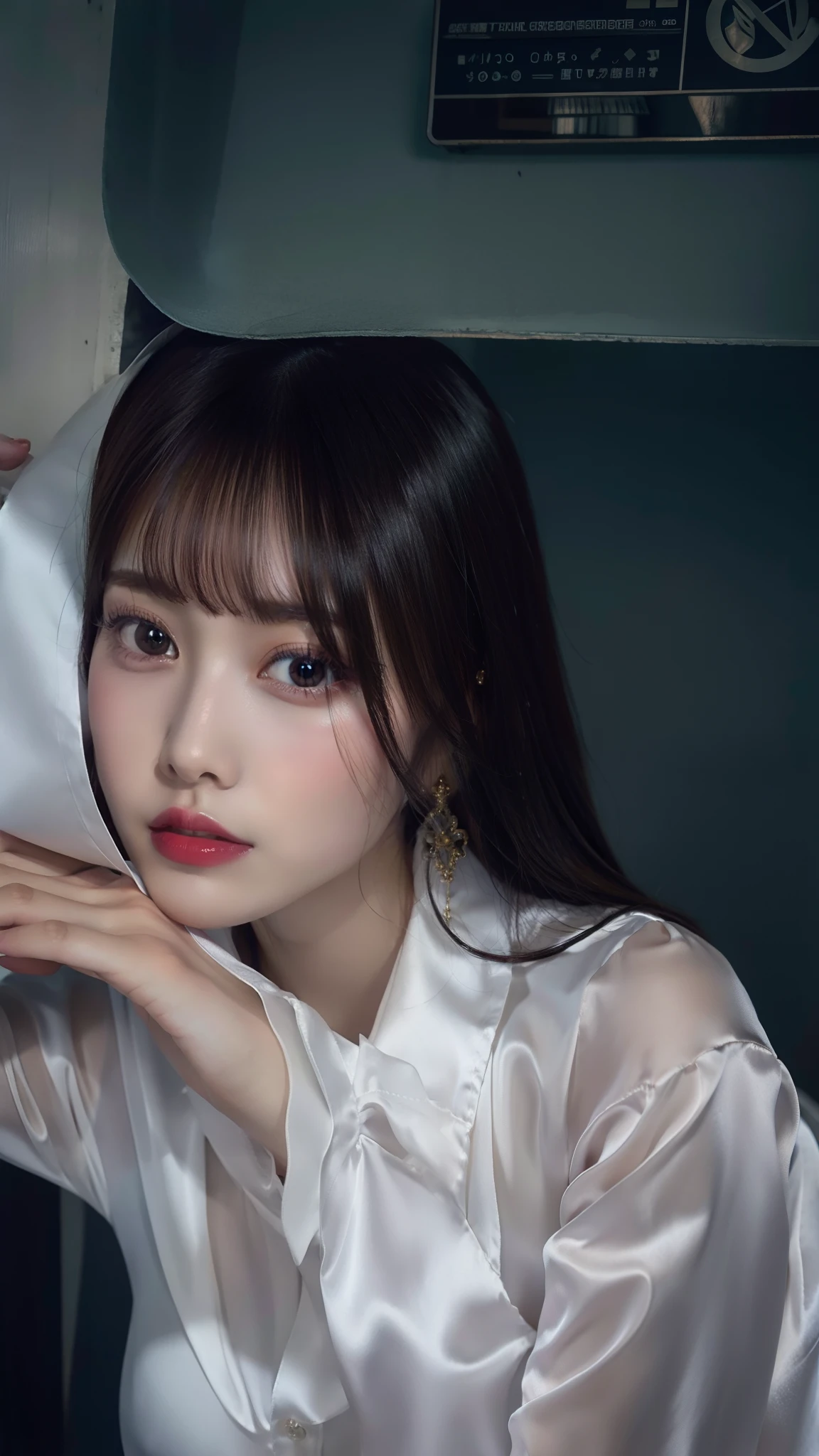 irene1, best quality ,masterpiece, an extremely delicate and beautiful, extremely detailed ,CG ,unity ,8k wallpaper, Amazing, finely detail, masterpiece,best quality, extremely detailed CG unity 8k wallpaper,absurdres, incredibly absurdres, huge filesize , ultra-detailed, highres, extremely detailed, beautiful detailed girl, extremely detailed eyes and face, beautiful detailed eyes, (RAW photo, best quality), (realistic, photo-realistic:1.3), full body, light on face, dudou, sitting on a window seat in a pale pink dudou, looking out at the city lights at night with a dreamy expression on her face
