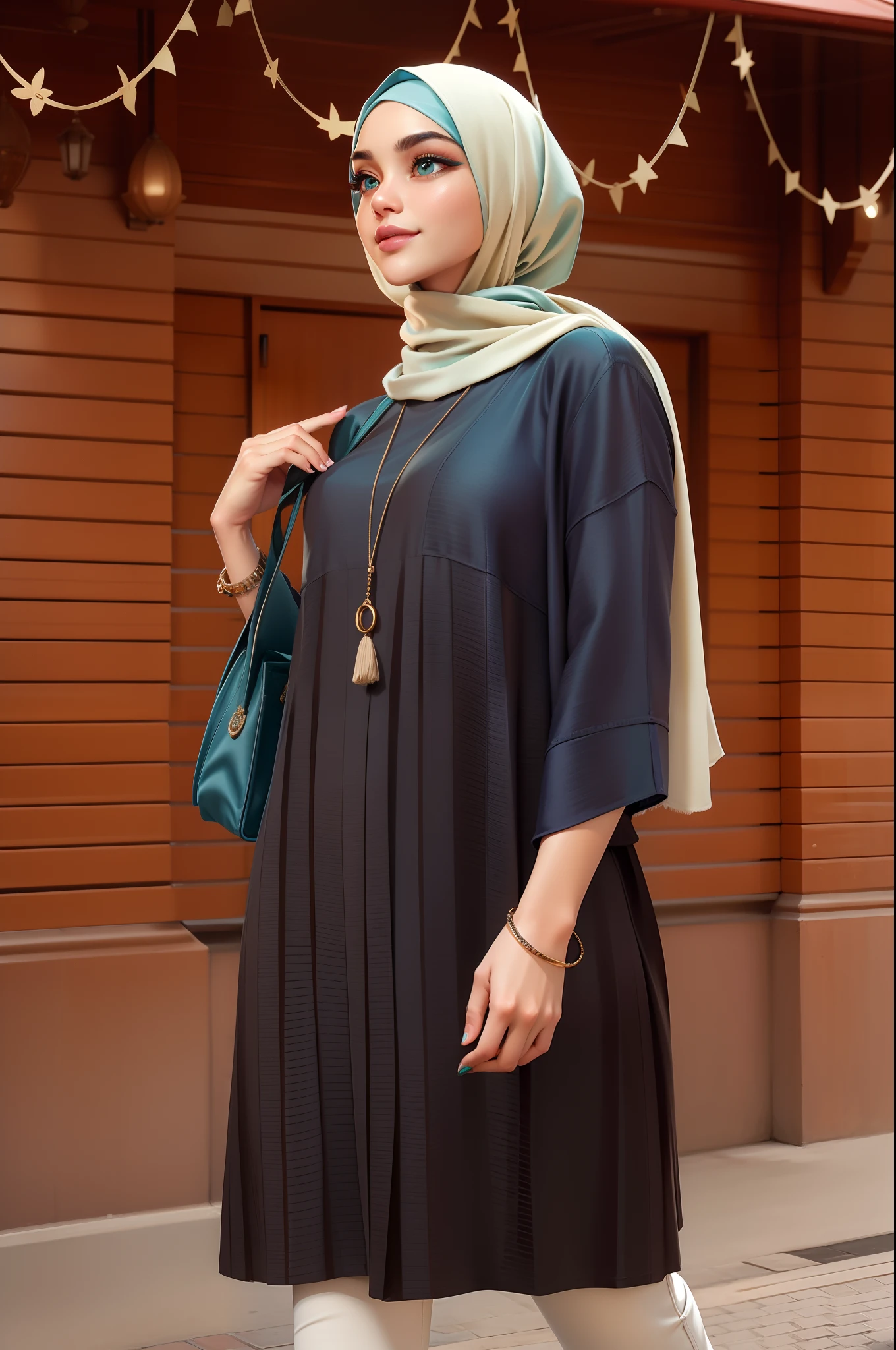 65. Masterpiece, realistic, best quality, best lighting, 3DMM, 1 girl photo solo, coffee shop, a girl work as barista, beautifully makeup, eyeshadow, Parted Lips, Detailed Eyes, beautiful big eyes, long eye lashes, smile, wearing ((teal satin headscarf)), (loosely tide hijab style), Wearing a turtleneck sweater and skinny jeans, high cut boots, walking on street of Tokyo, Tokyo tower view