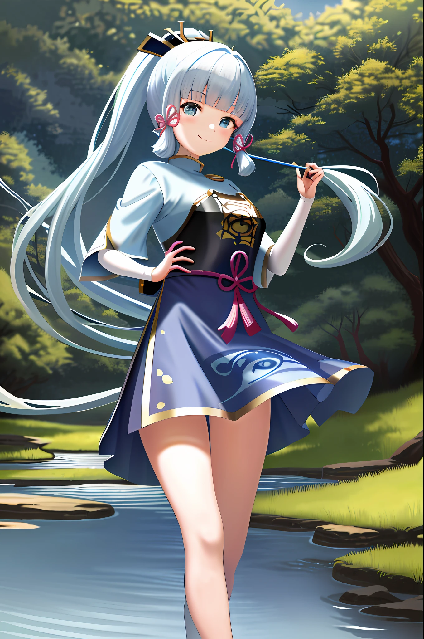 A high resolution,Collection style,Gorgeous blue sky,Meandering creeks and dense forests,Smiling figures,Light blue tone,The background color is predominantly blue and green,
kamisato_ayaka。