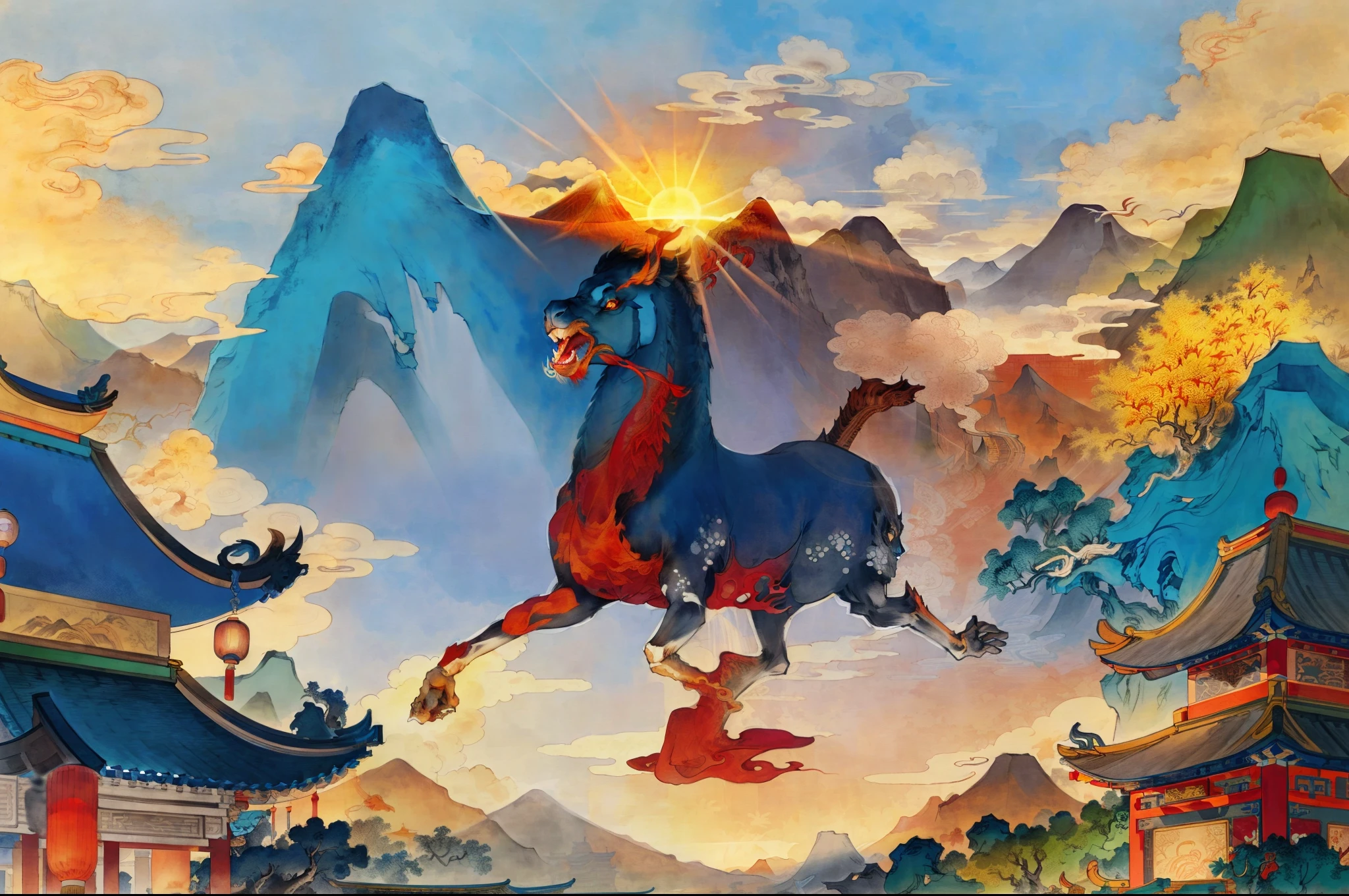 Ancient Chinese landscapes, ancient buildings, pavilions, carved beams and painted buildings, beautiful mountains and rivers, inspired by Jin Yong martial arts, sunlight, ink painting style, clean colors, decisive cutting, blank space, freehand, masterpiece, super detailed, epic composition, high quality , highest quality, pixar style, oversaturated, surreal, artgerm --v 6