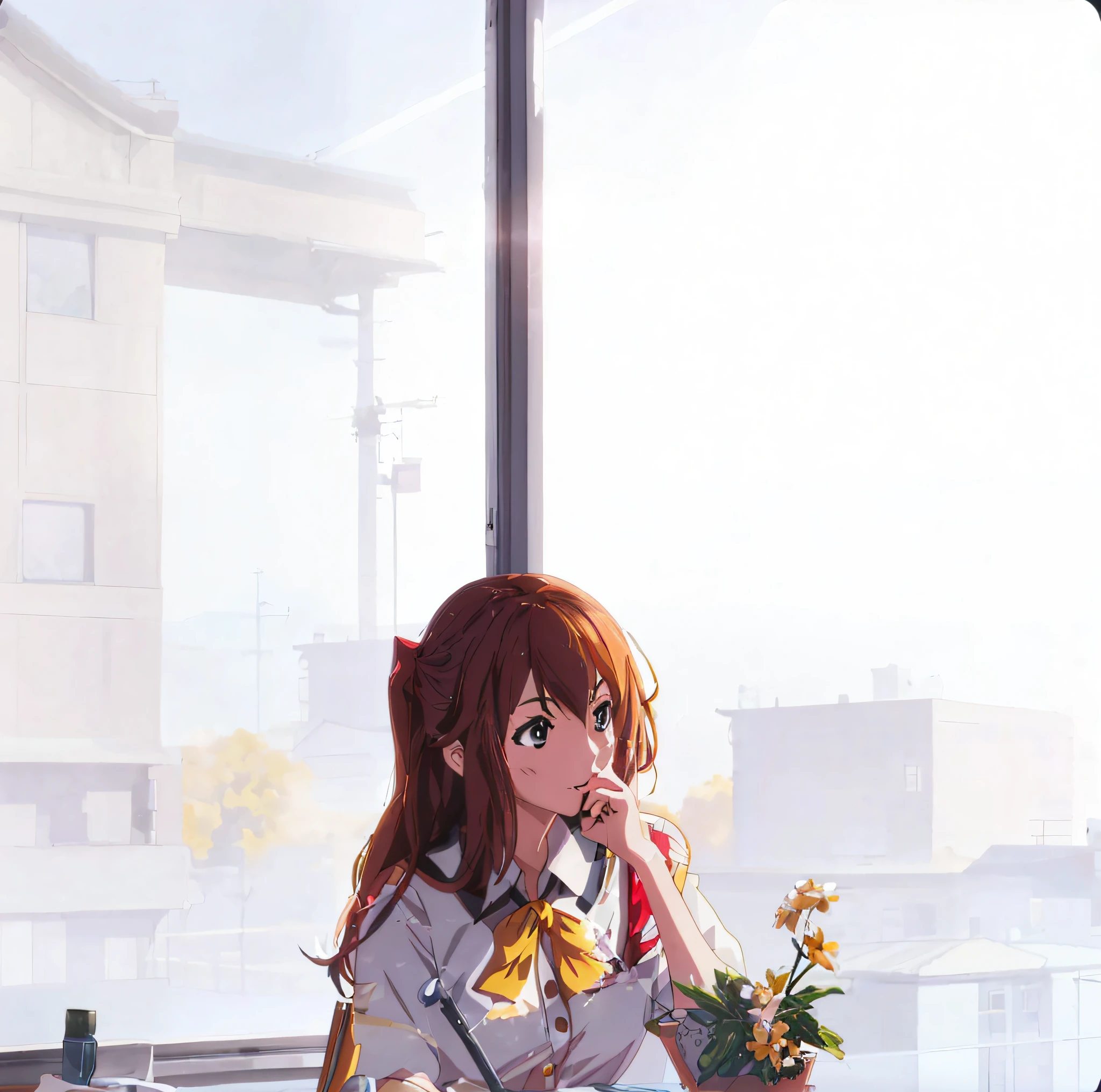 anime girl sitting at a table with a cup of coffee, 4K anime wallpaper, Anime wallpaper 4K, Anime wallpaper 4 k, Anime art wallpaper 8 K, makoto shinkai art style, Anime art wallpaper 4k, Anime art wallpaper 4 K, style of anime4 K, Makoto Shinkai. a digital rendering, lofi portrait at a window