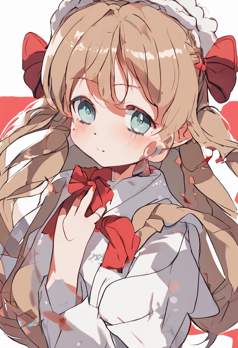 Anime - Style drawing of a girl with a red knot on her ears, small curvaceous , Soft anime illustration, Splash art anime Lolili, Cyair, lovely art style, offcial art, small loli girl, A moe art style, Ribbons, zerochan art, and the sun was shining brightly,Light and shadow in detail,Round and hairy ears,One small foot wears white socks,Shy eyes,There is a fluffy lynx tail